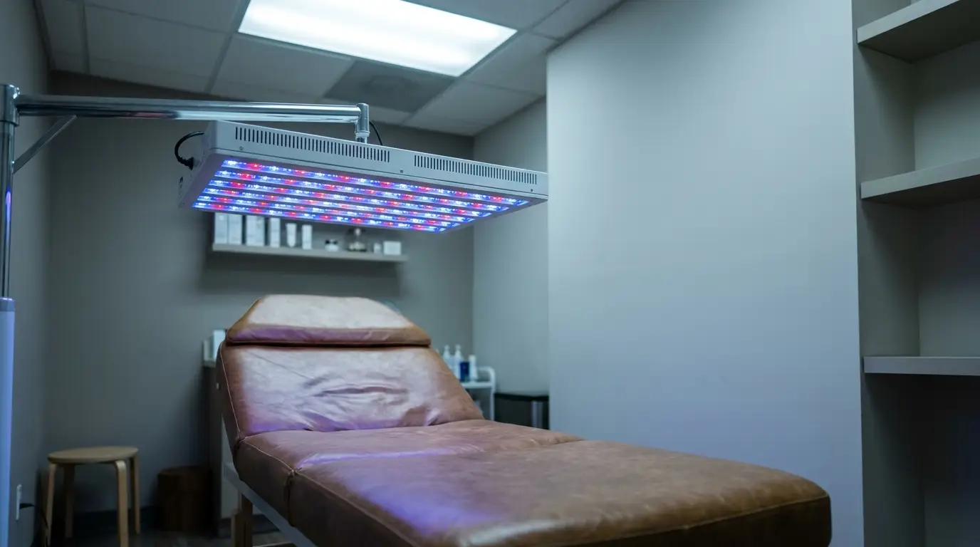 Treatment table with therapeutic LED lights in a modern clinic room