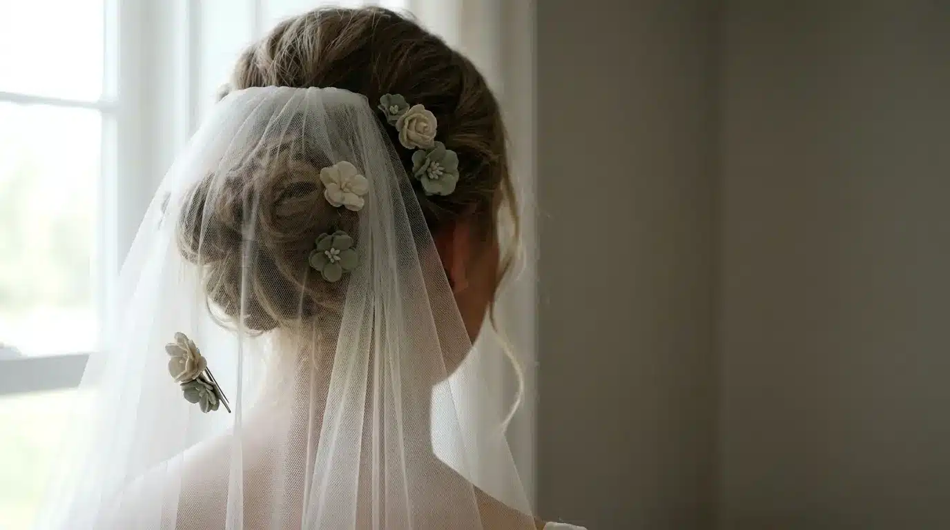 Bridal updo with floral hairpins and sheer veil in softly lit room