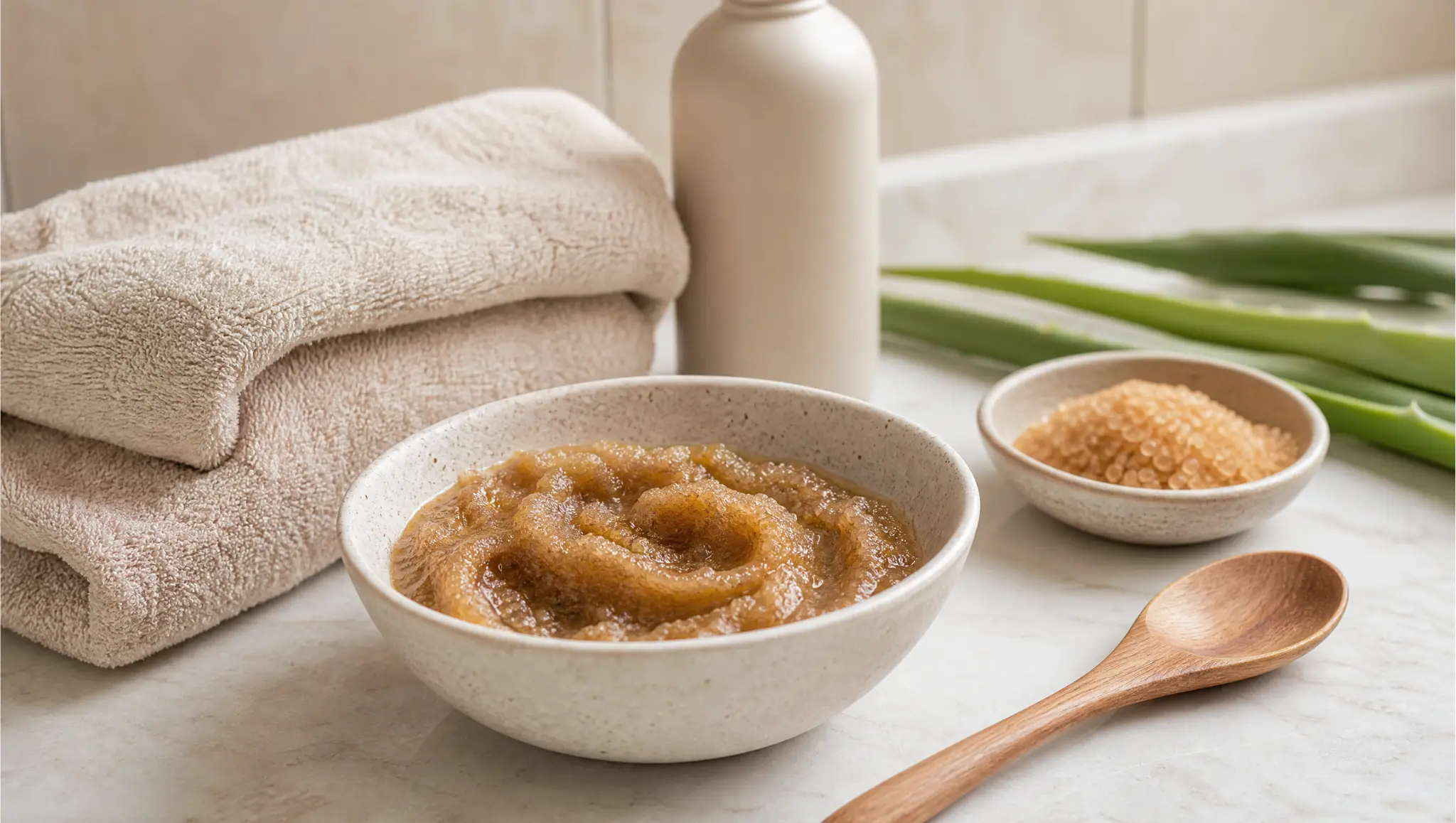 brown sugar natural exfoliant body scrub with aloe and towel for rough elbows knees and legs