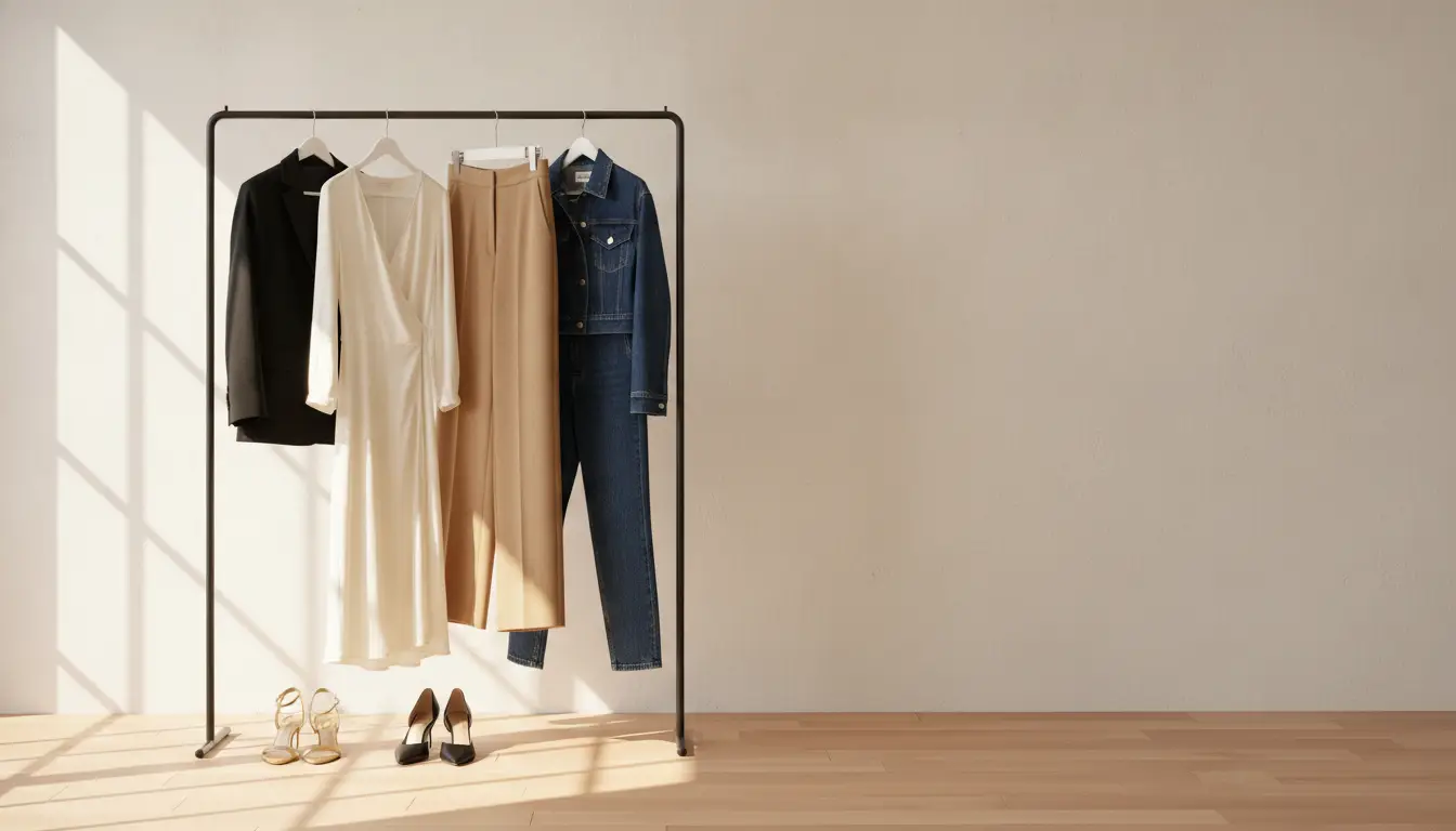 Clothing rack with assorted garments and shoes in sunlit minimalist room