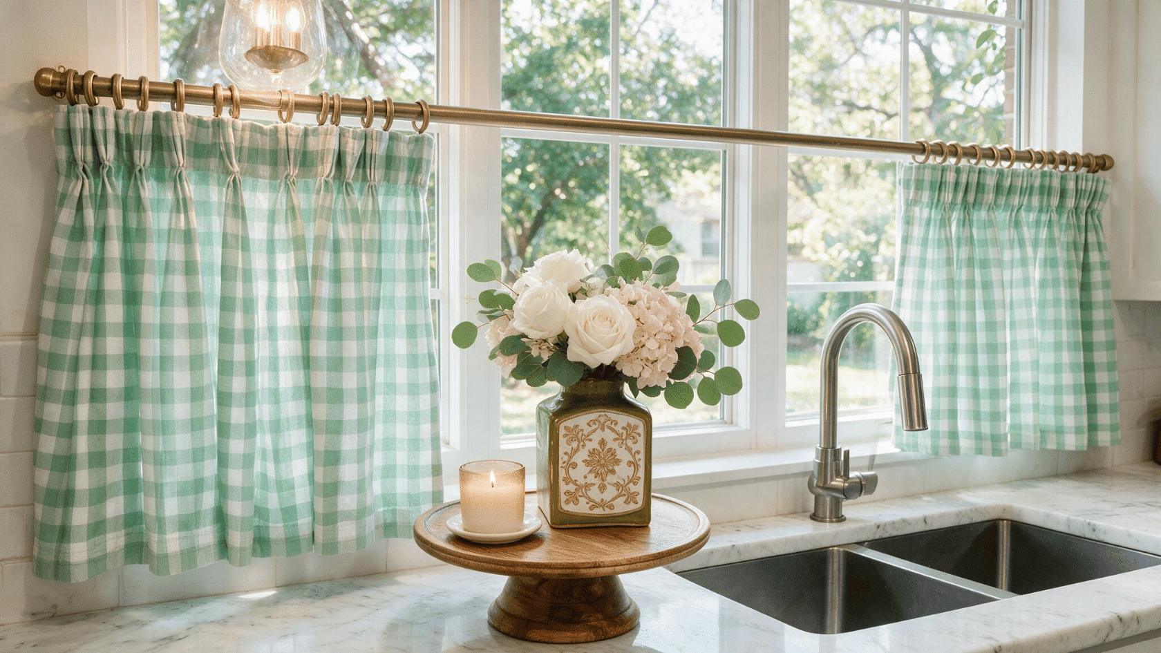 Green gingham café curtains covering the lower half of a kitchen window above a sink.