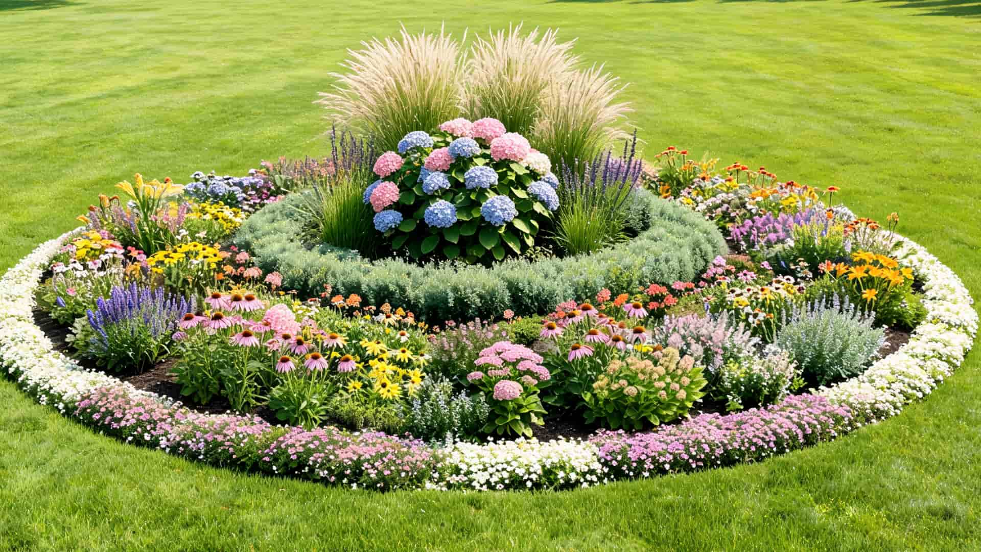 circular island flower garden with hydrangeas, grasses, coneflowers, alyssum border, and open green lawn