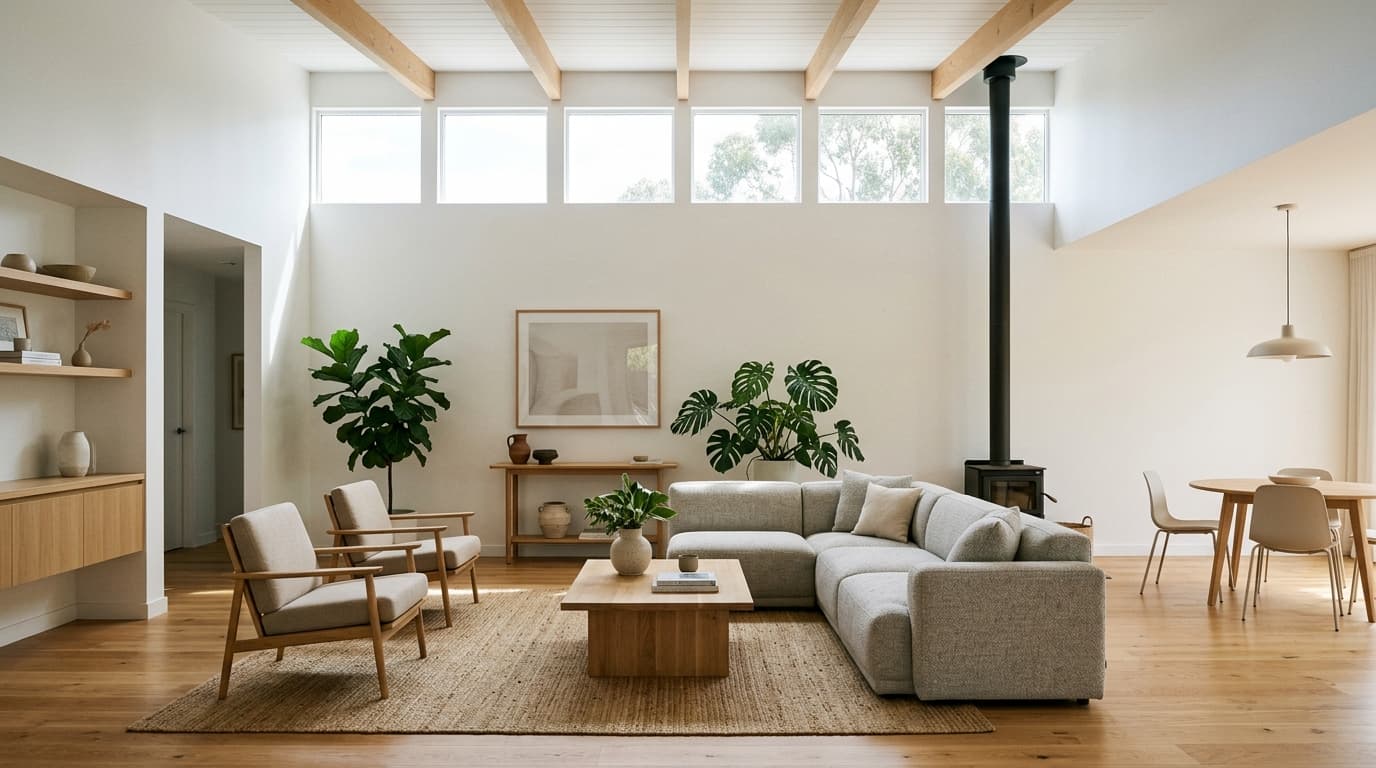 clerestory windows high on walls in a spacious open-plan living room, letting in soft, diffused light