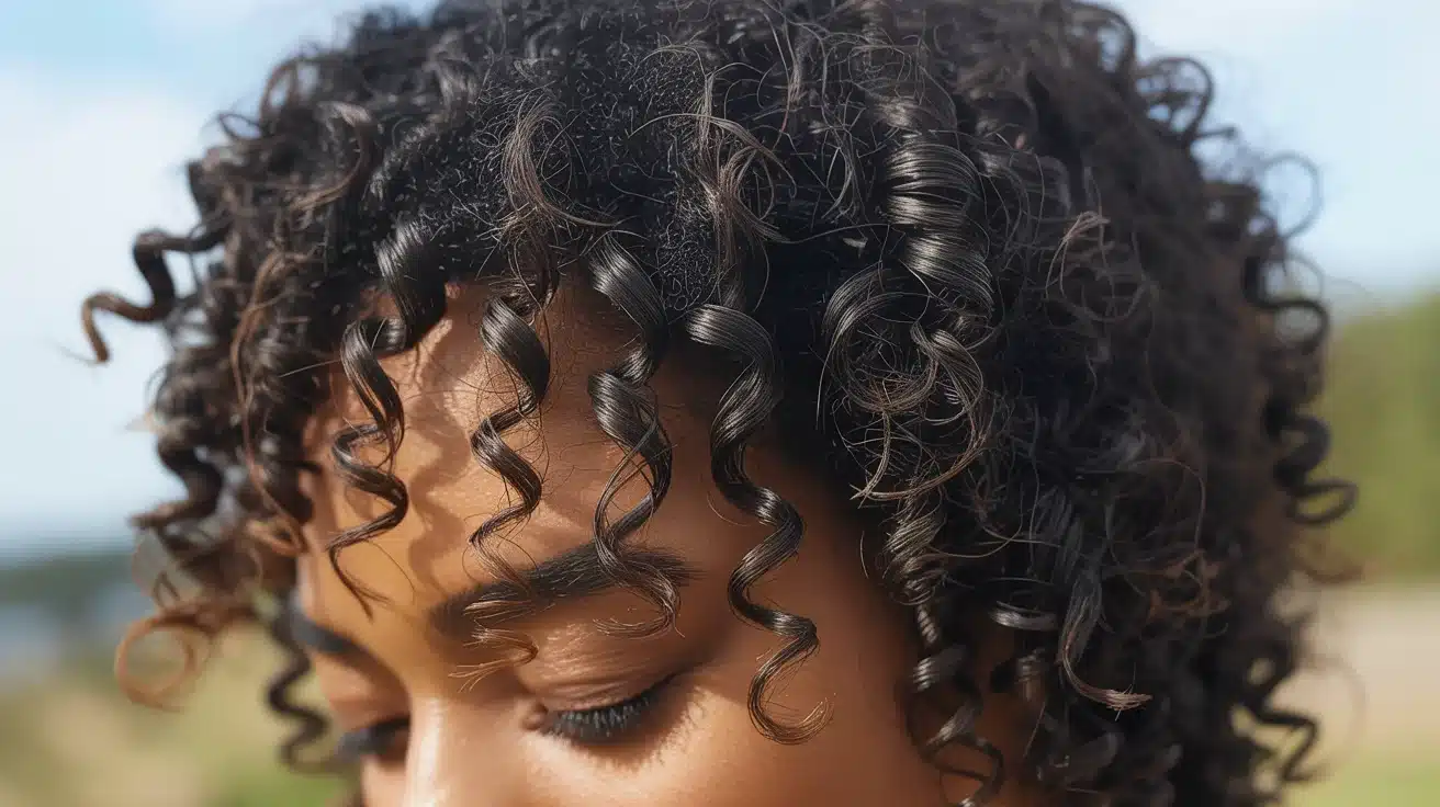 close-up of dense coily hair with tight spirals and zigzags showing healthy volume and natural sheen in soft daylight