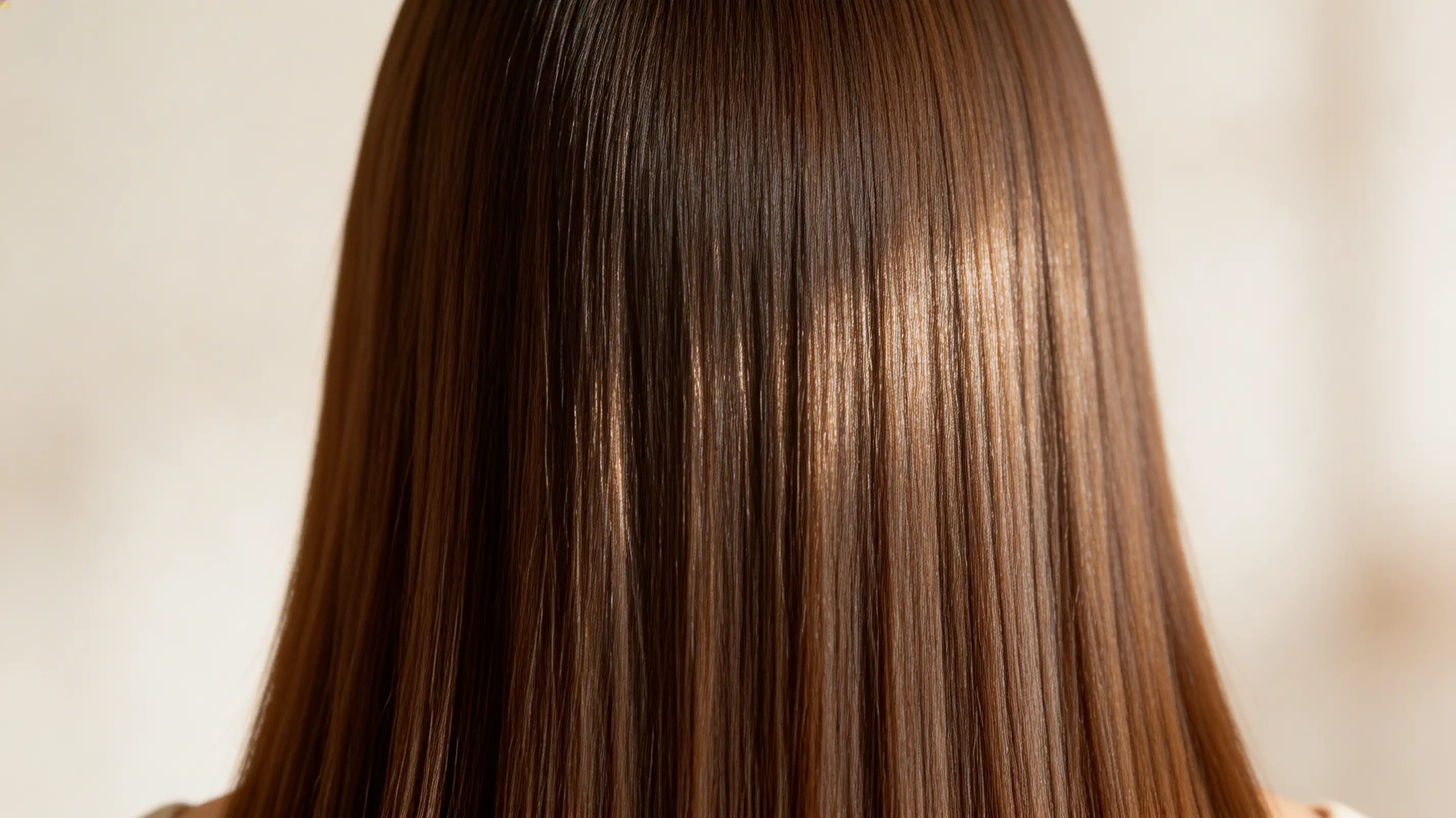 close-up of smooth, straight hair with natural shine, lying flat and reflecting light evenly.