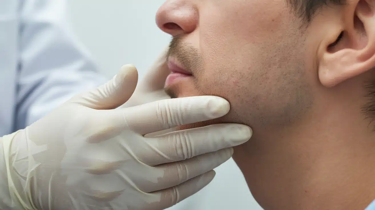 close view of dermatologist examining patient’s cheek with gloved hands showing natural skin texture and detail