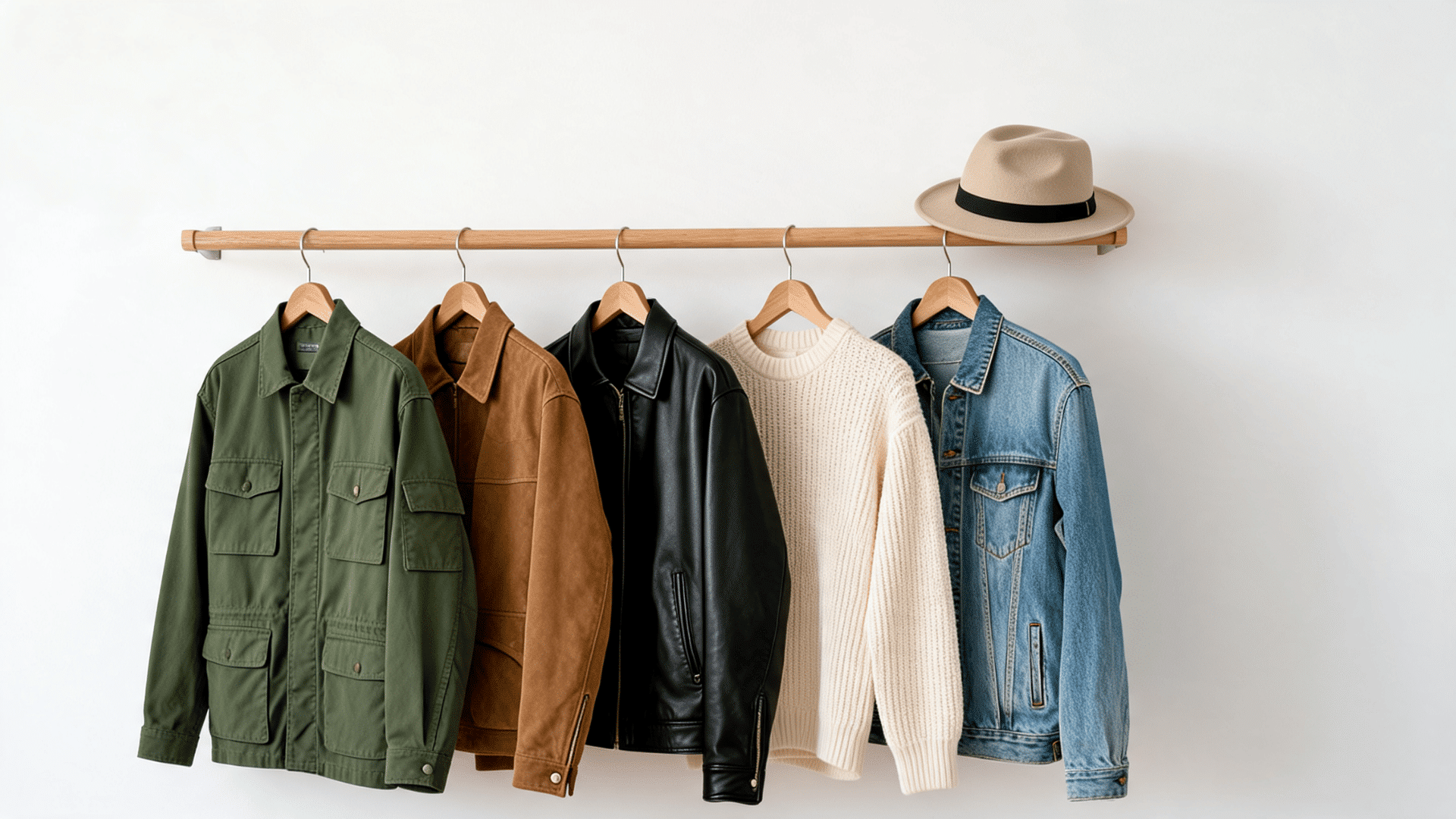 Capsule wardrobe essentials including jackets, sweaters, and denim shirts hanging on wooden hangers.