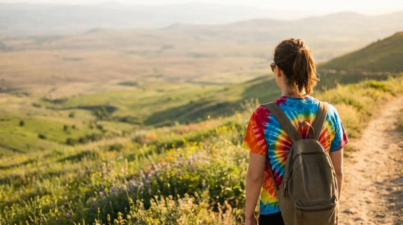 Person in tie-dye shirt and backpack overlooking a vast outdoor landscape