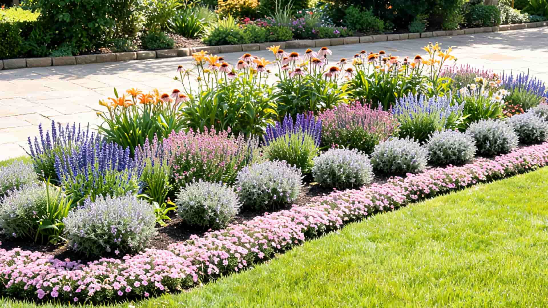 Flower bed with pink, purple, and yellow flowers beside a green lawn and paved walkway