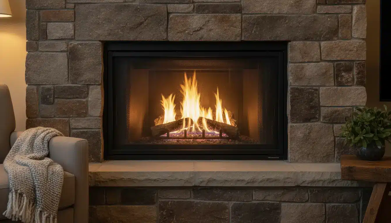 Warm stone fireplace with burning logs next to a cozy armchair and green plant