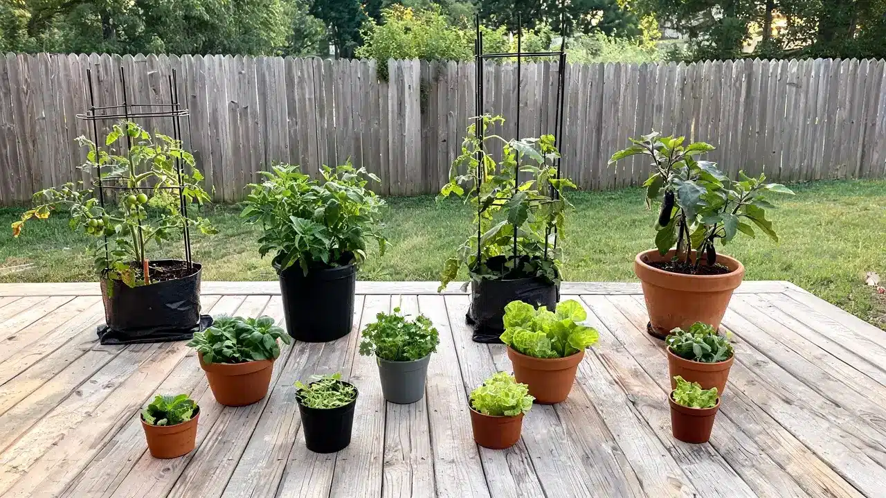 container vegetable garden with tomatoes herbs and greens