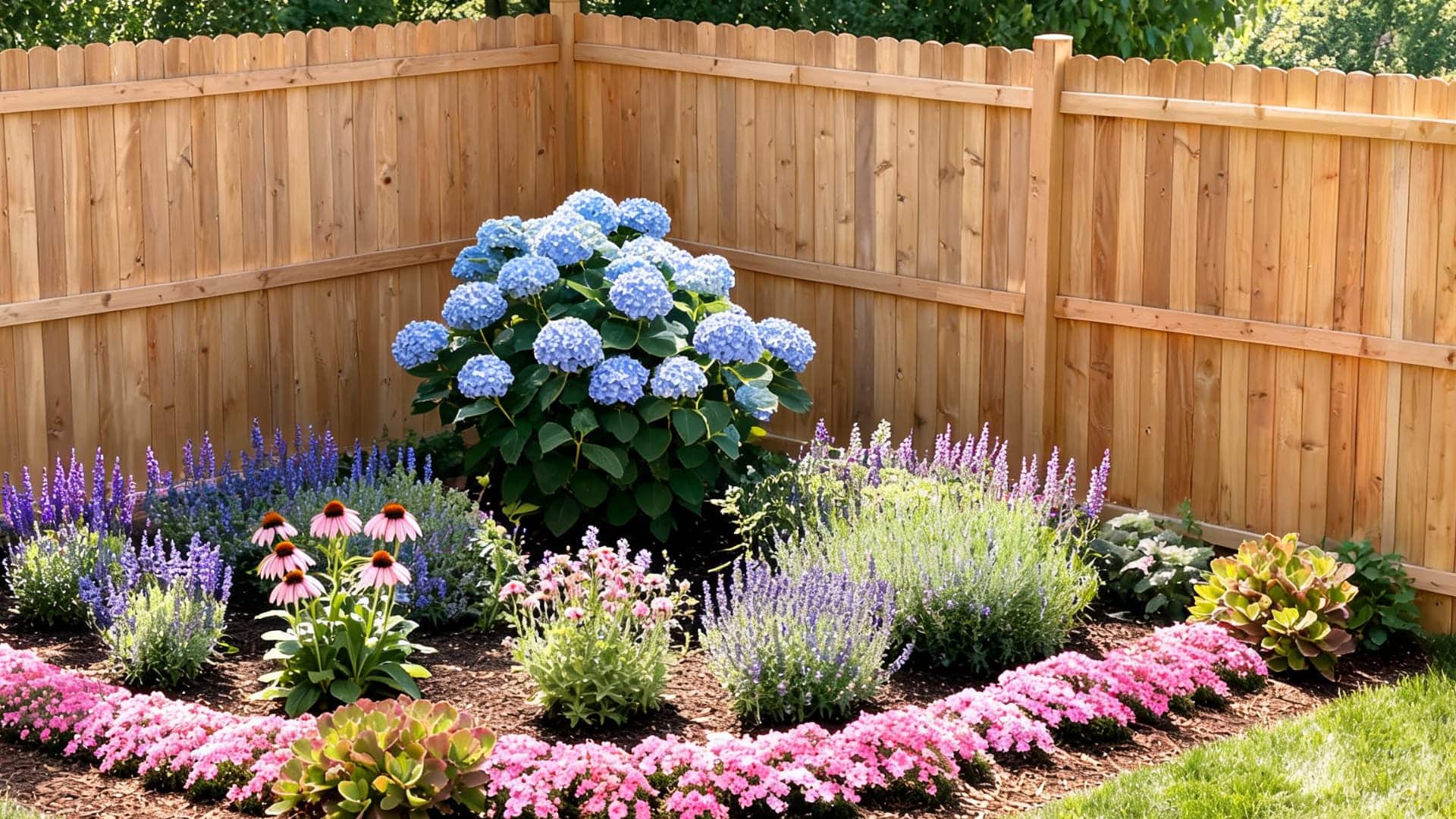 corner flower garden with blue hydrangea, pink edging flowers, lavender, coneflowers, mulch, and wood fence