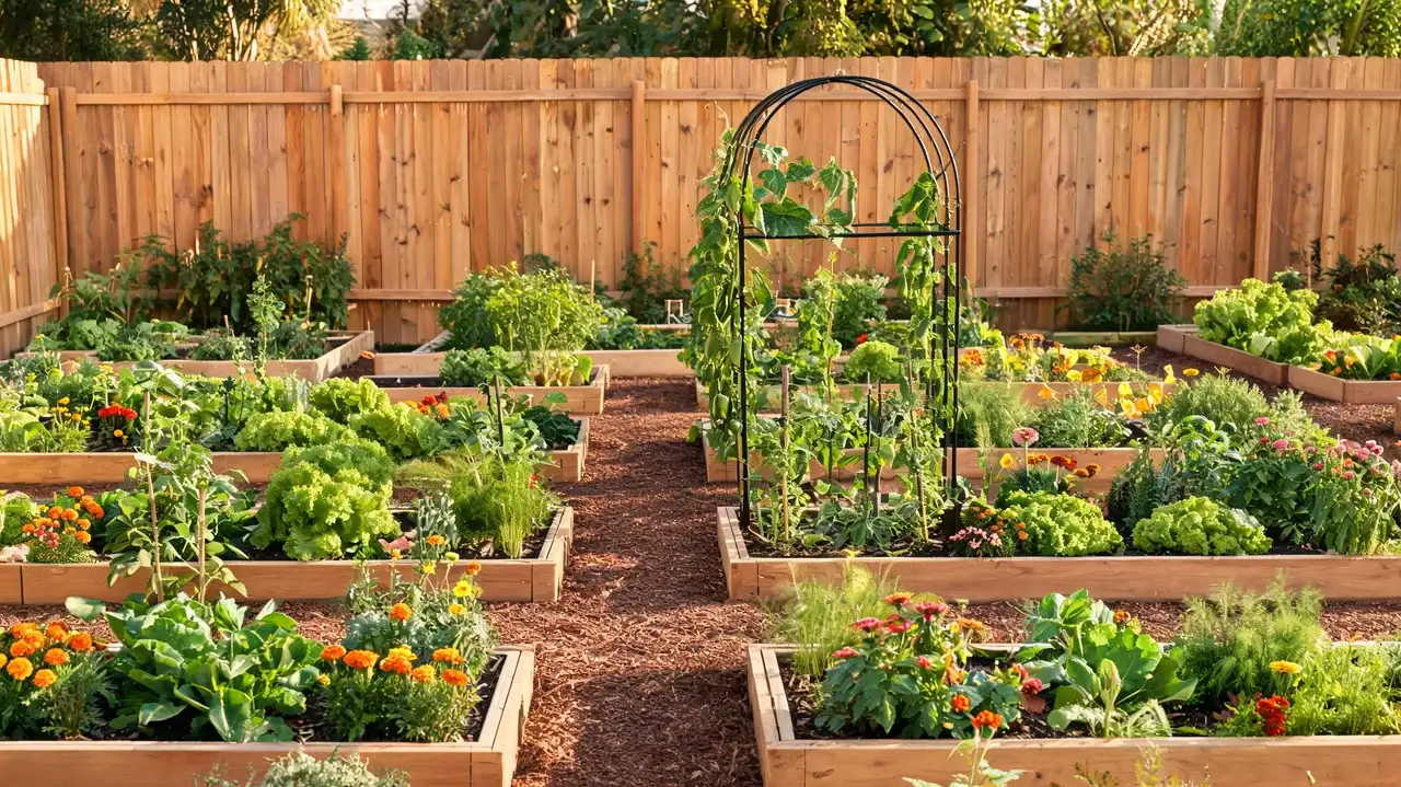 cottage vegetable garden with flowers and trellises