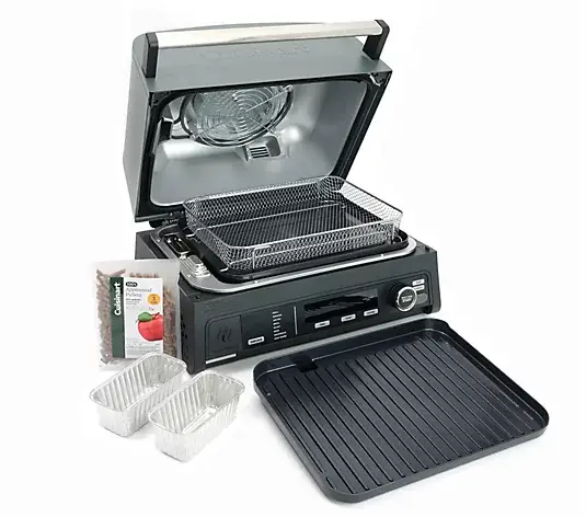 Air fryer with opened lid and components, including grill tray and aluminum baking pans