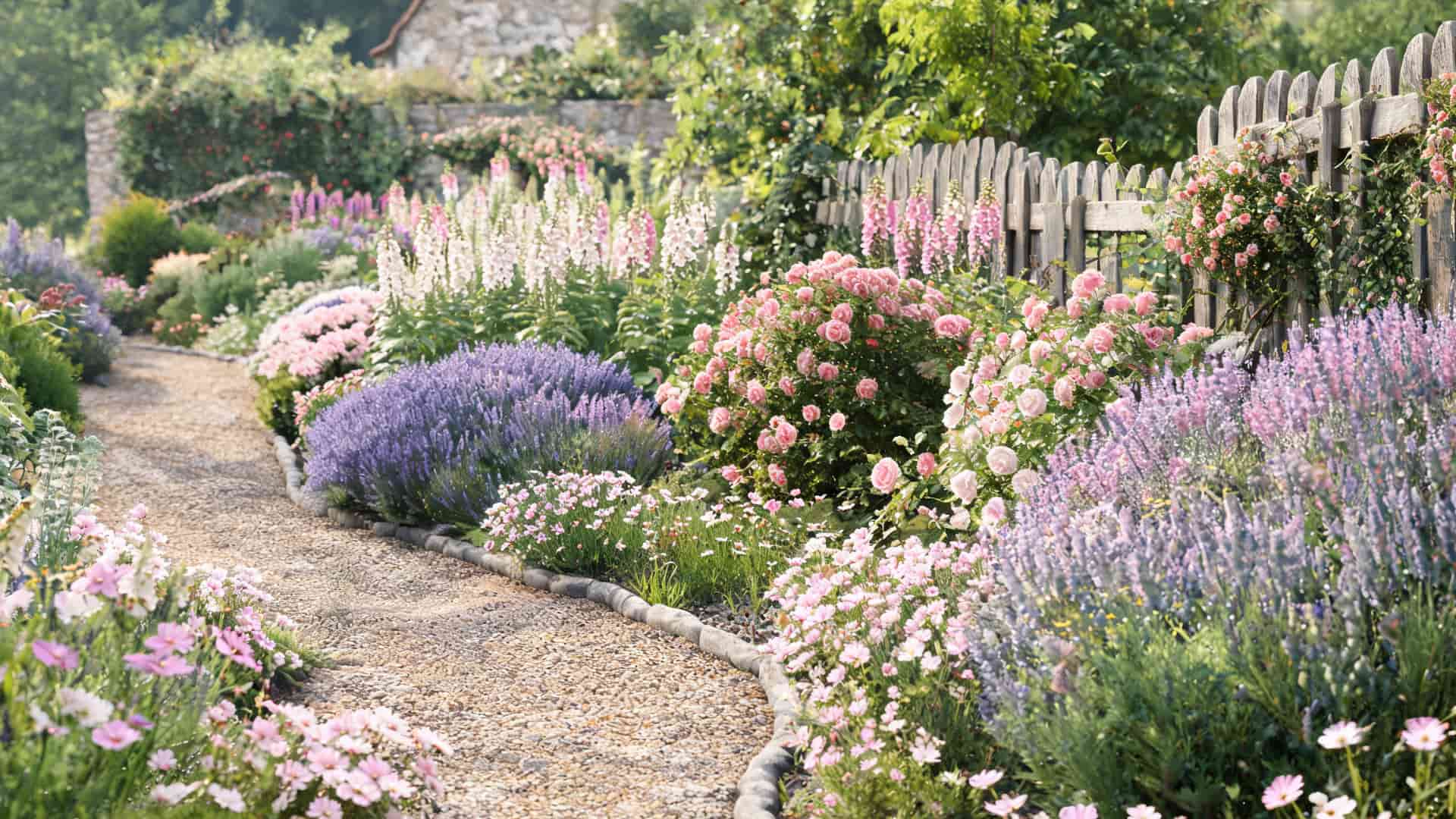 curved gravel path through lush cottage flower garden with roses lavender foxglove and pastel blooms along fence (1)