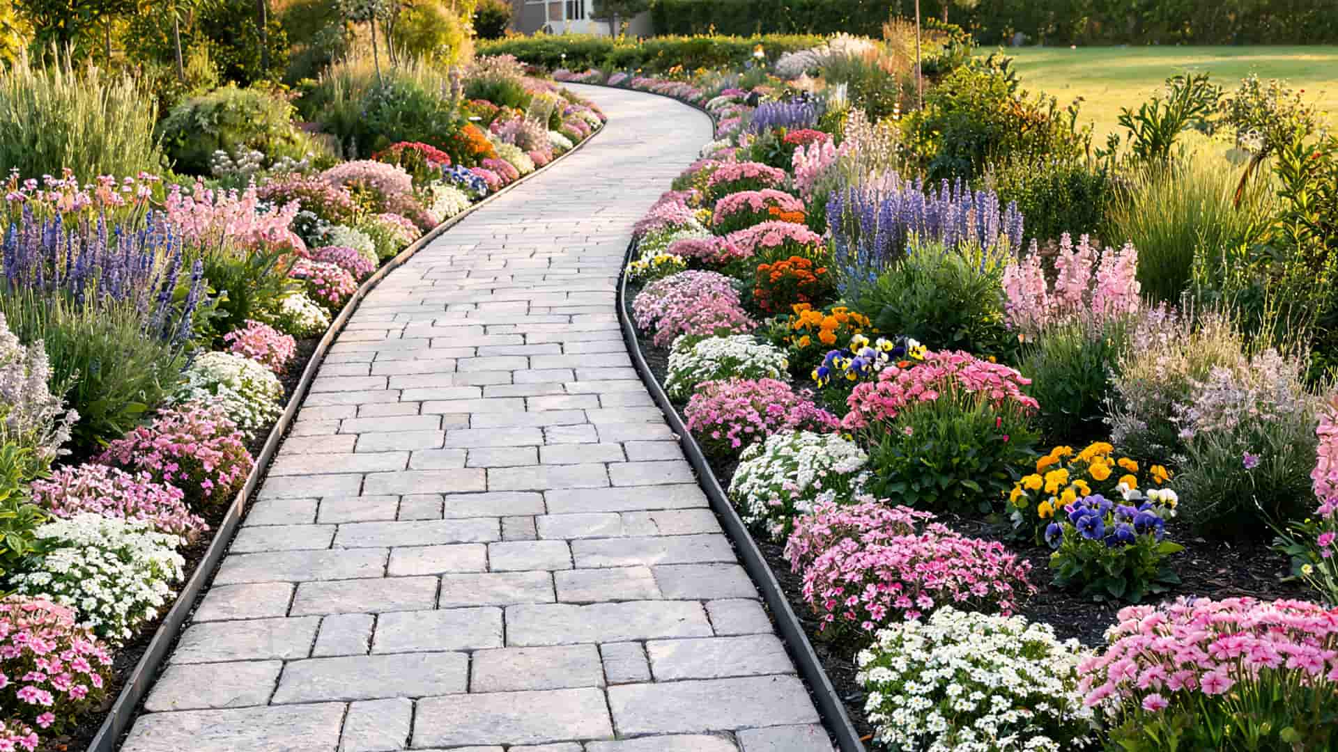 Curved stone pathway surrounded by colorful flower beds and garden plants