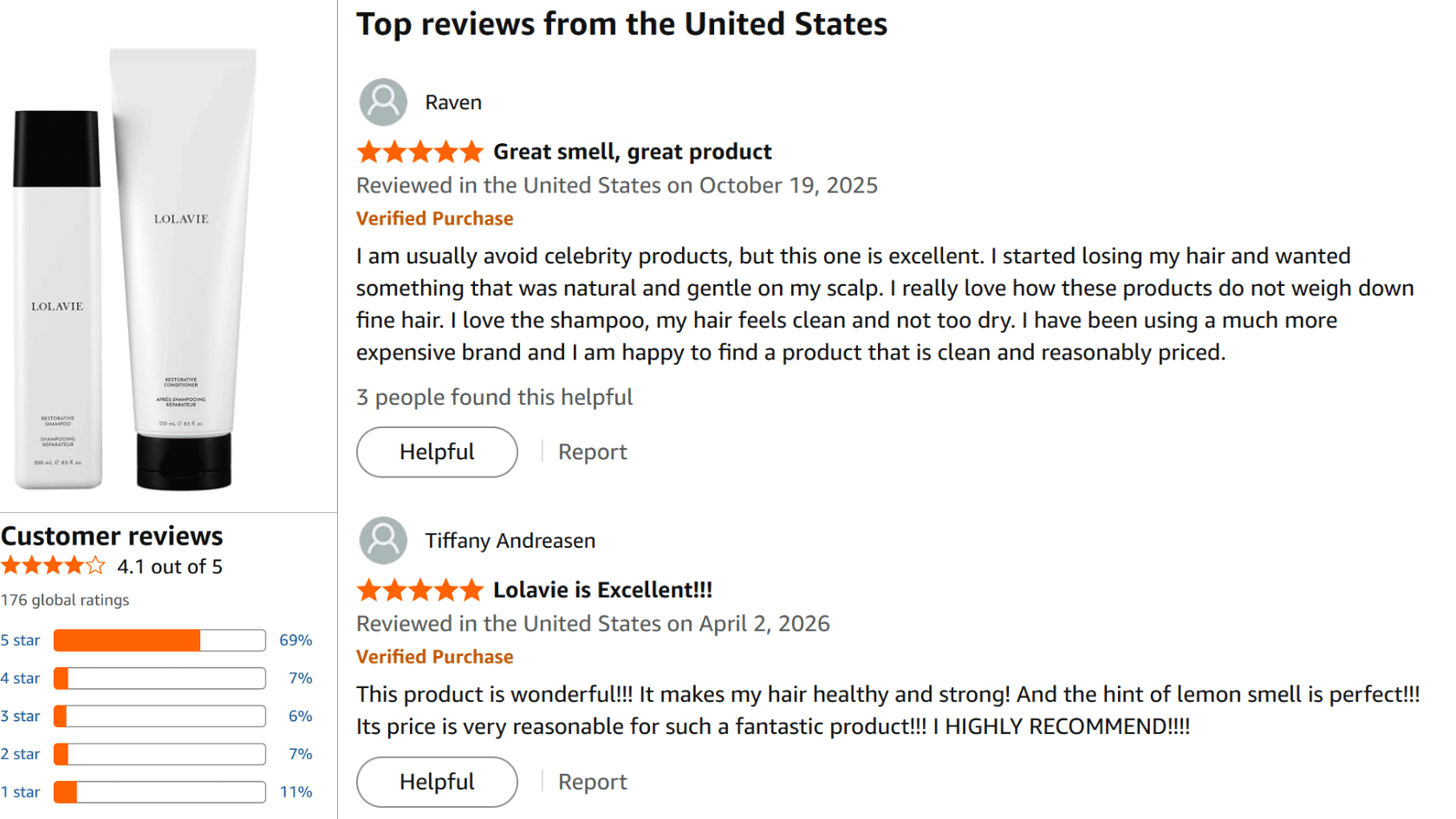 Customer reviews of LolaVie restorative shampoo and conditioner showing ratings and verified purchase feedback.