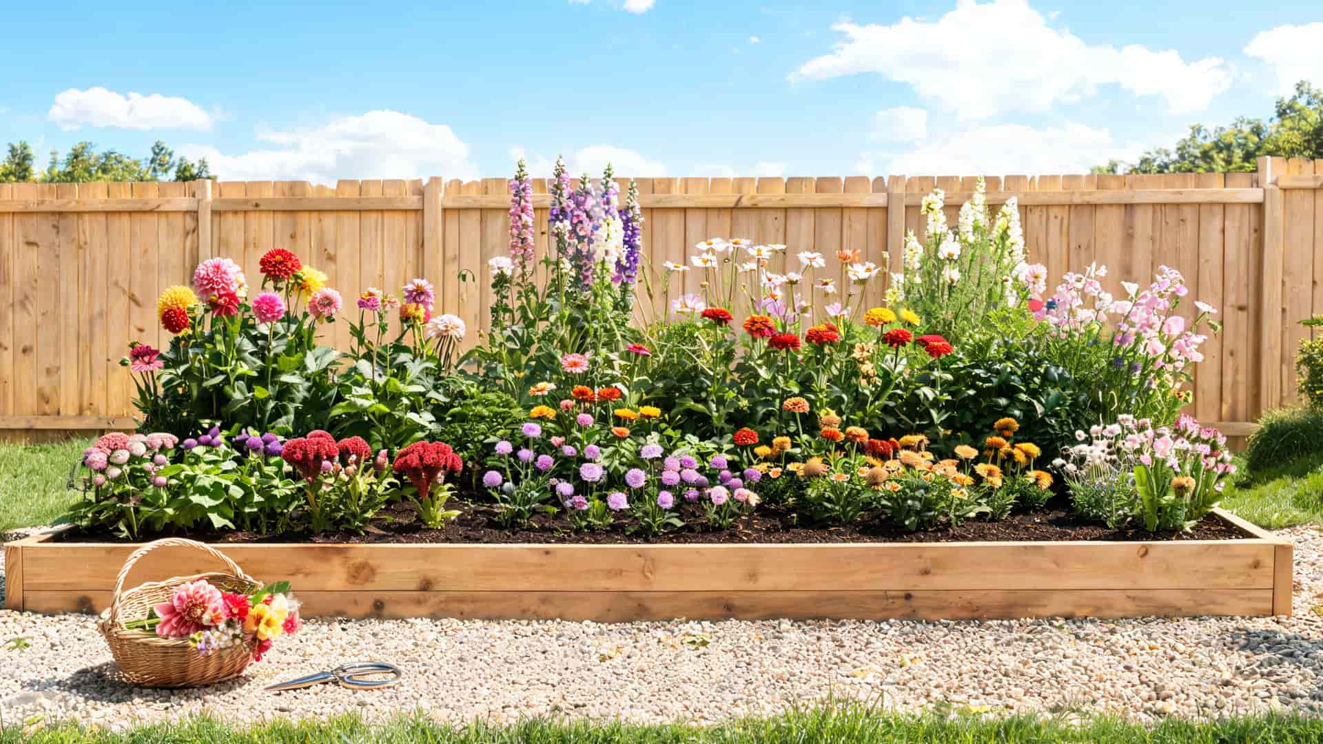 Raised flower bed with colorful flowers, wooden border, gravel ground, and wooden fence