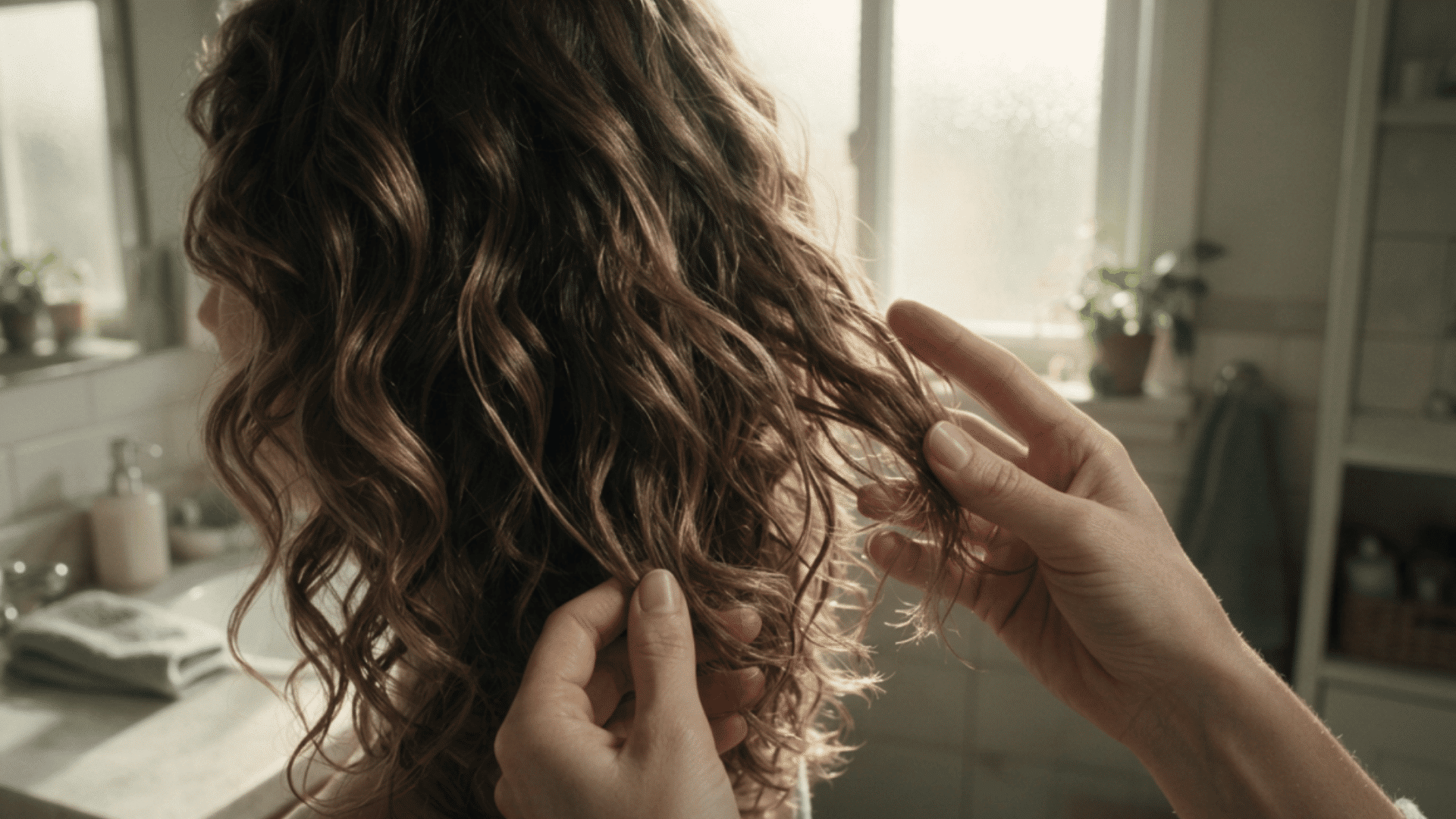 Woman checking her hair for rough, straight, or brittle sections that may indicate styling damage.