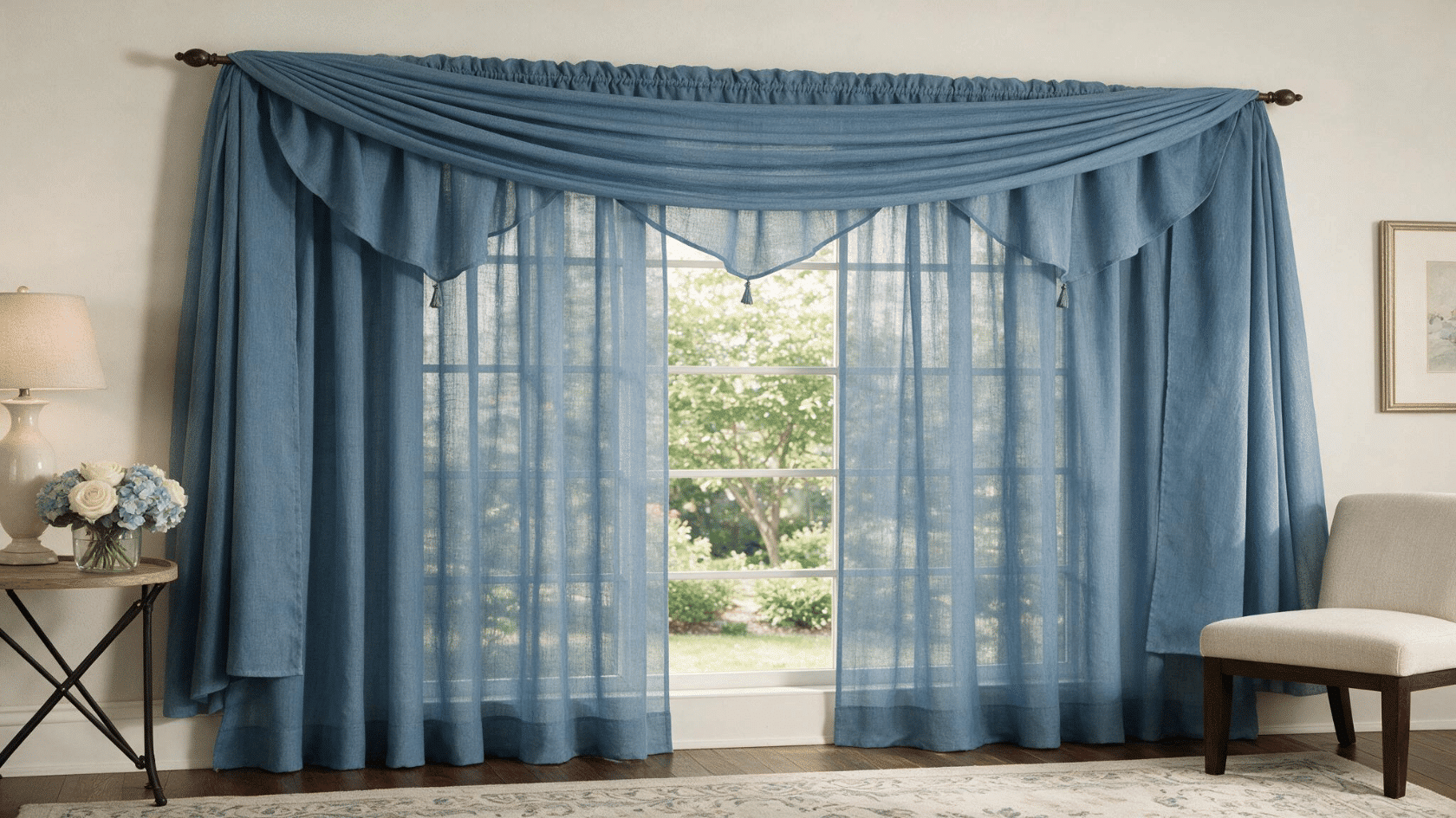 Blue window scarf curtains draped over sheer panels in an elegant living room.