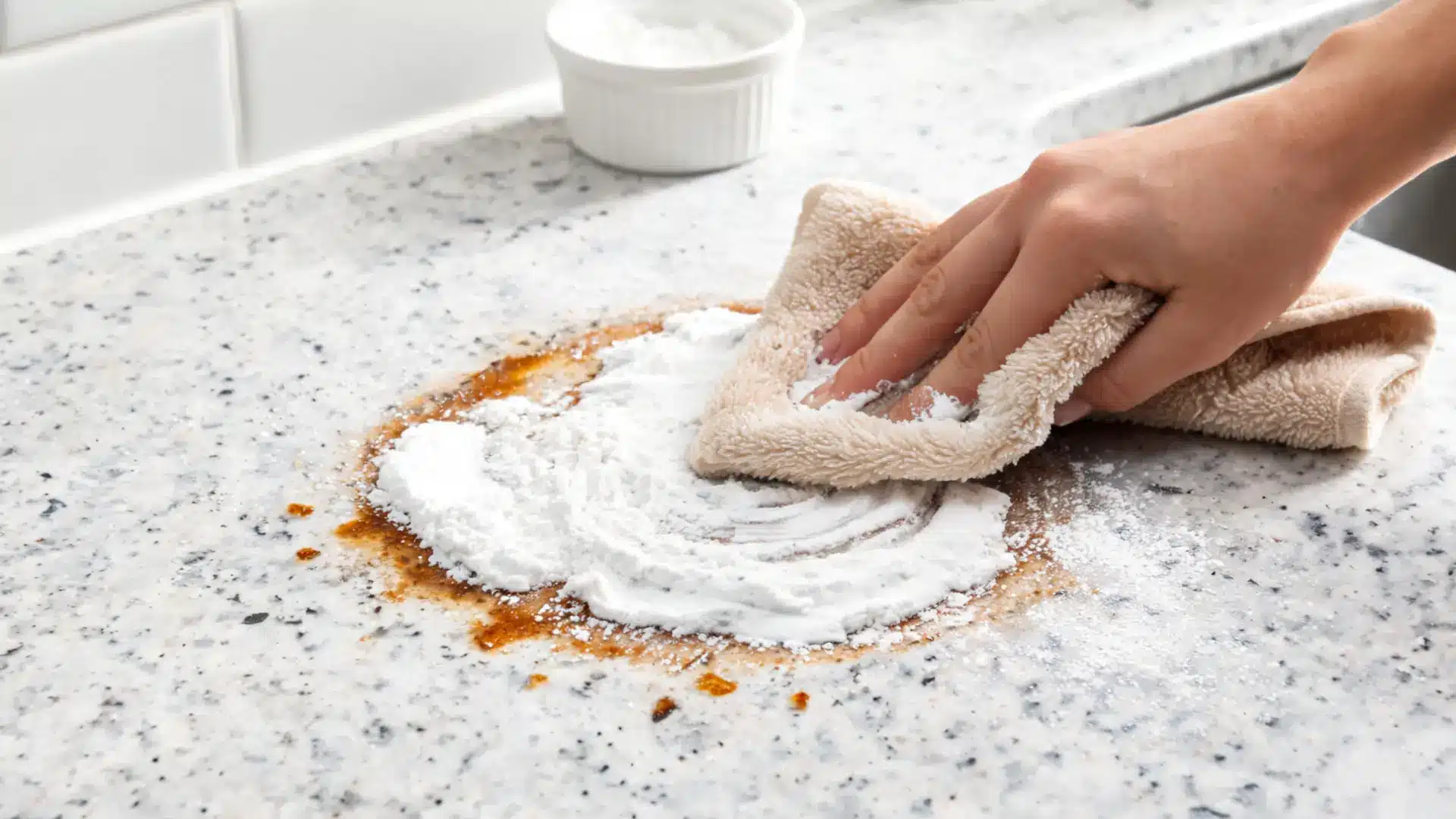 deep stain removal on quartz countertop using baking soda paste and gentle scrubbing technique