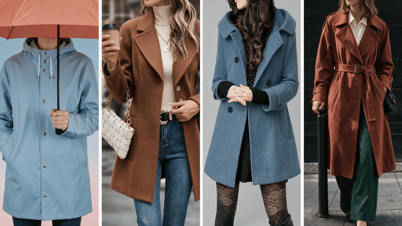 Collage showing a raincoat, overcoat, peacoat, and trench coat styles in different colors.