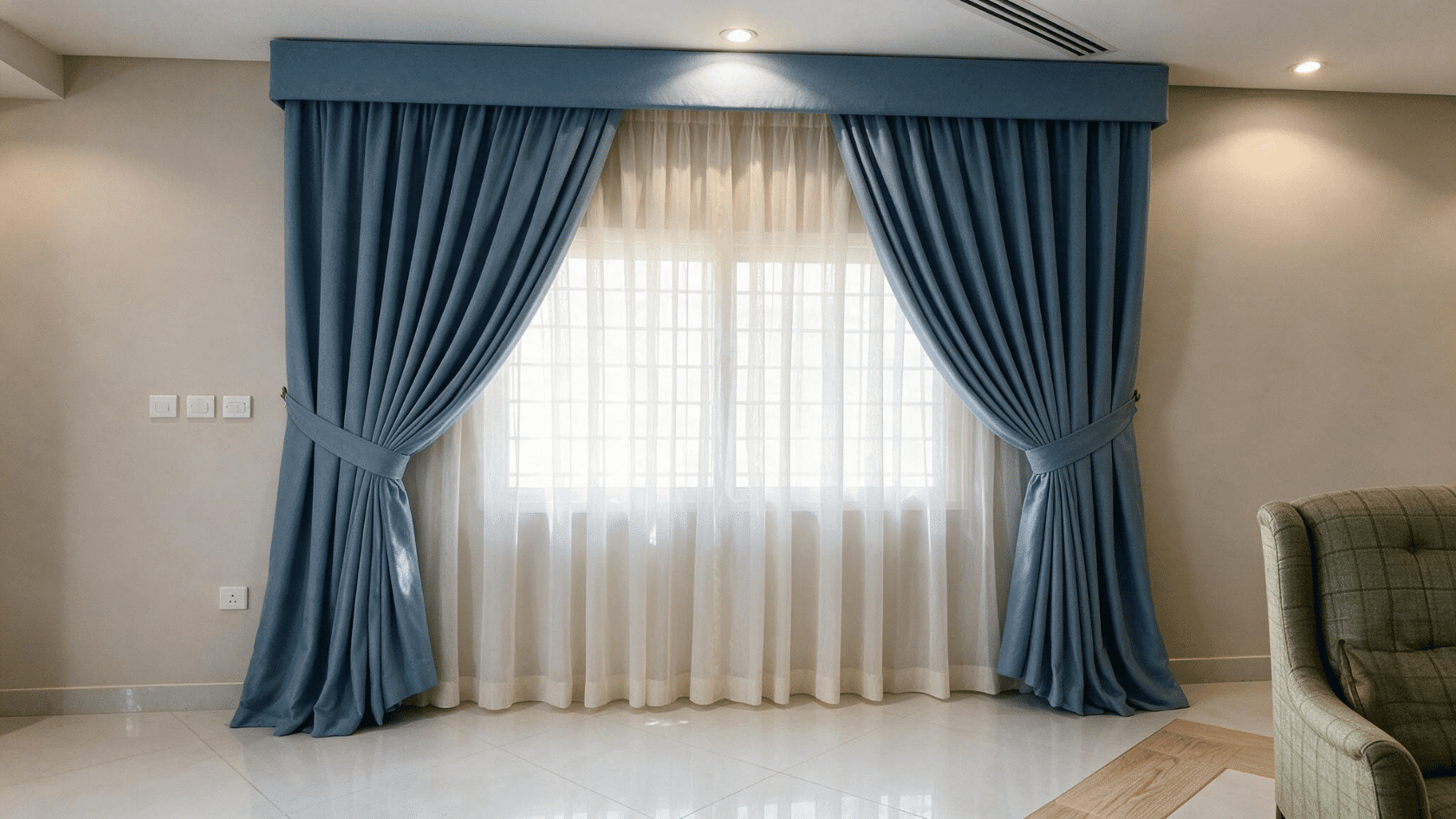 Blue goblet pleat curtains with elegant folds framing a large living room window.