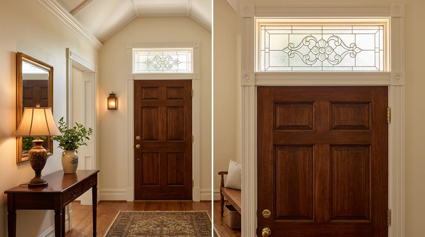elegant transom window above a door, bringing extra daylight into an entryway with ambient lighting