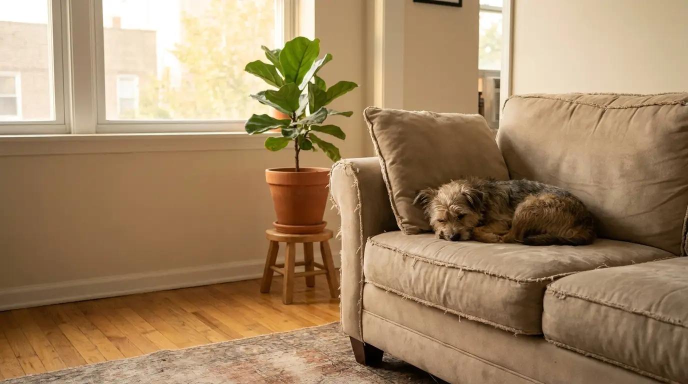 Dog sleeping on beige sofa beside potted plant in cozy living room with natural light