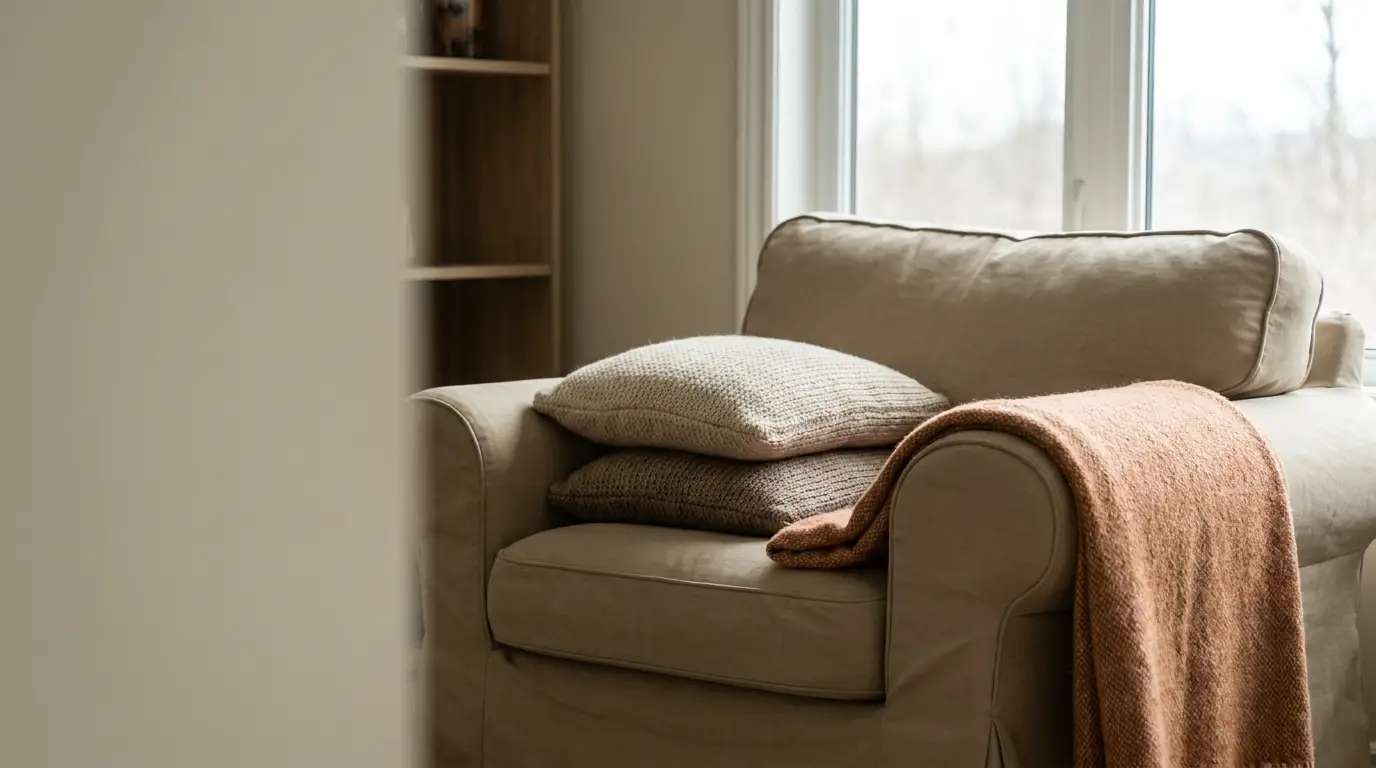 Beige armchair with knitted cushions and rust-colored throw in cozy living room