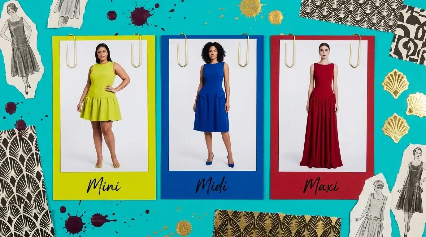 fashion moodboard comparing drop waist dress lengths, a chartreuse mini, a cobalt blue midi, and a deep red maxi