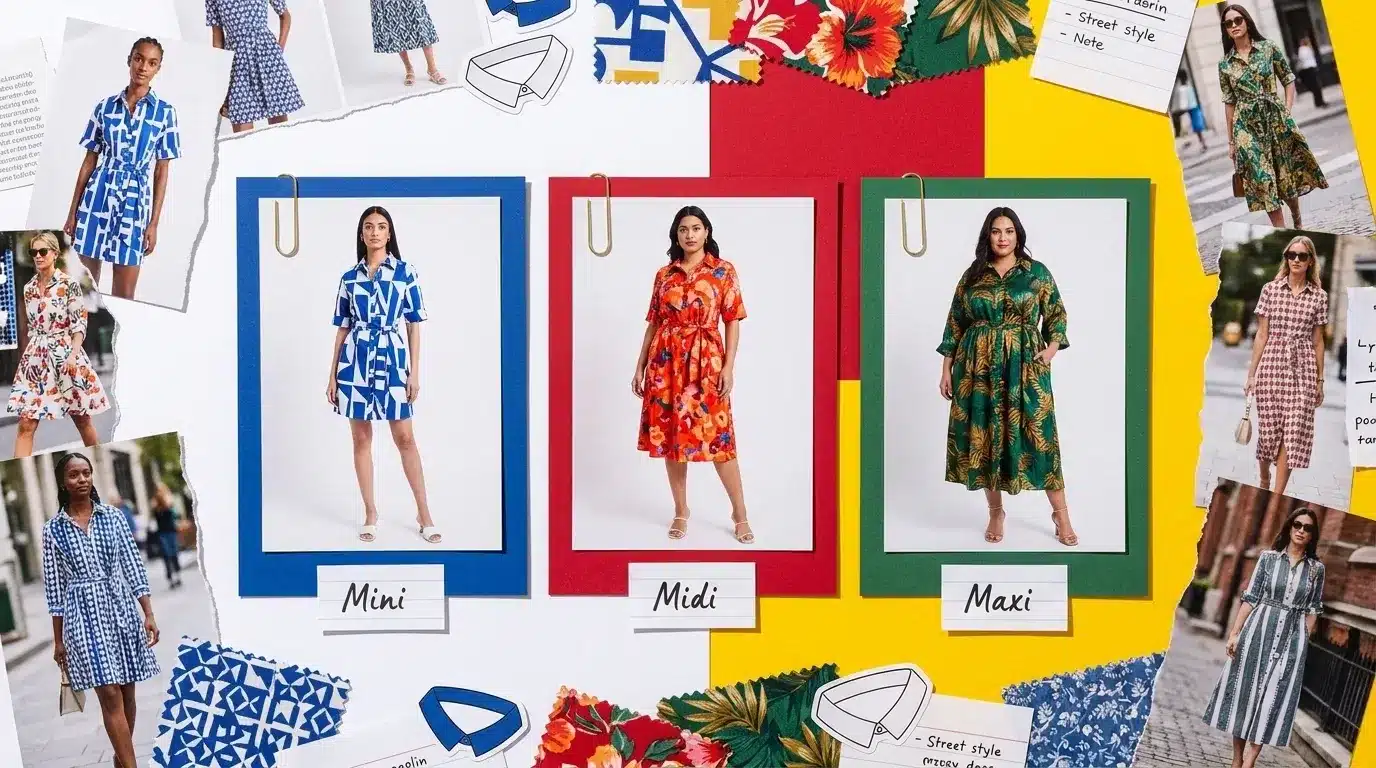 fashion moodboard comparing mini, midi, and maxi lengths in blue geometric, orange floral, and green tropical prints