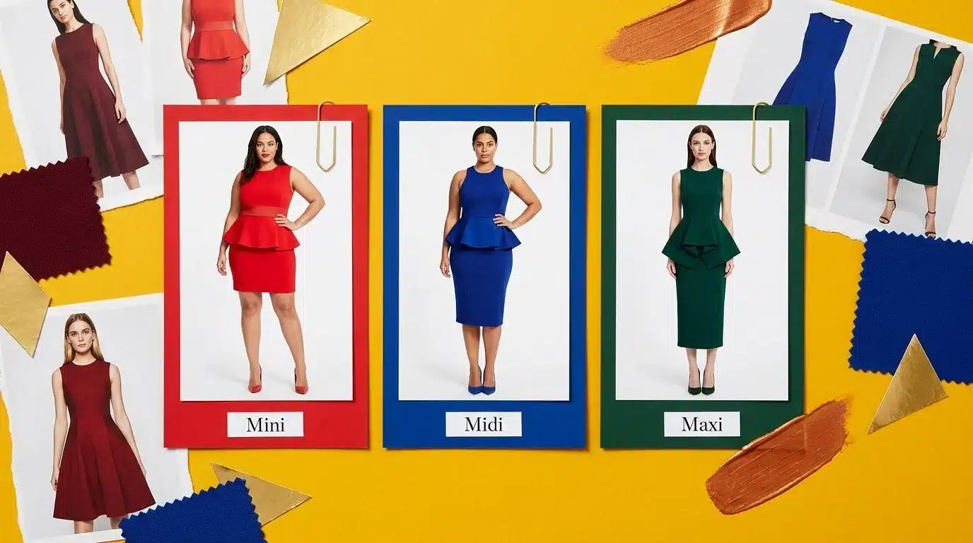 fashion moodboard comparing peplum dress lengths, a red mini, a cobalt blue midi, and a forest green maxi