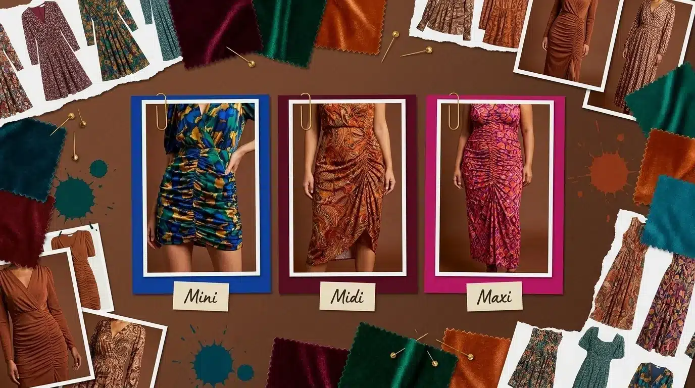 fashion moodboard comparing ruched dresses, a blue floral mini, a brown paisley midi, and a pink geometric maxi