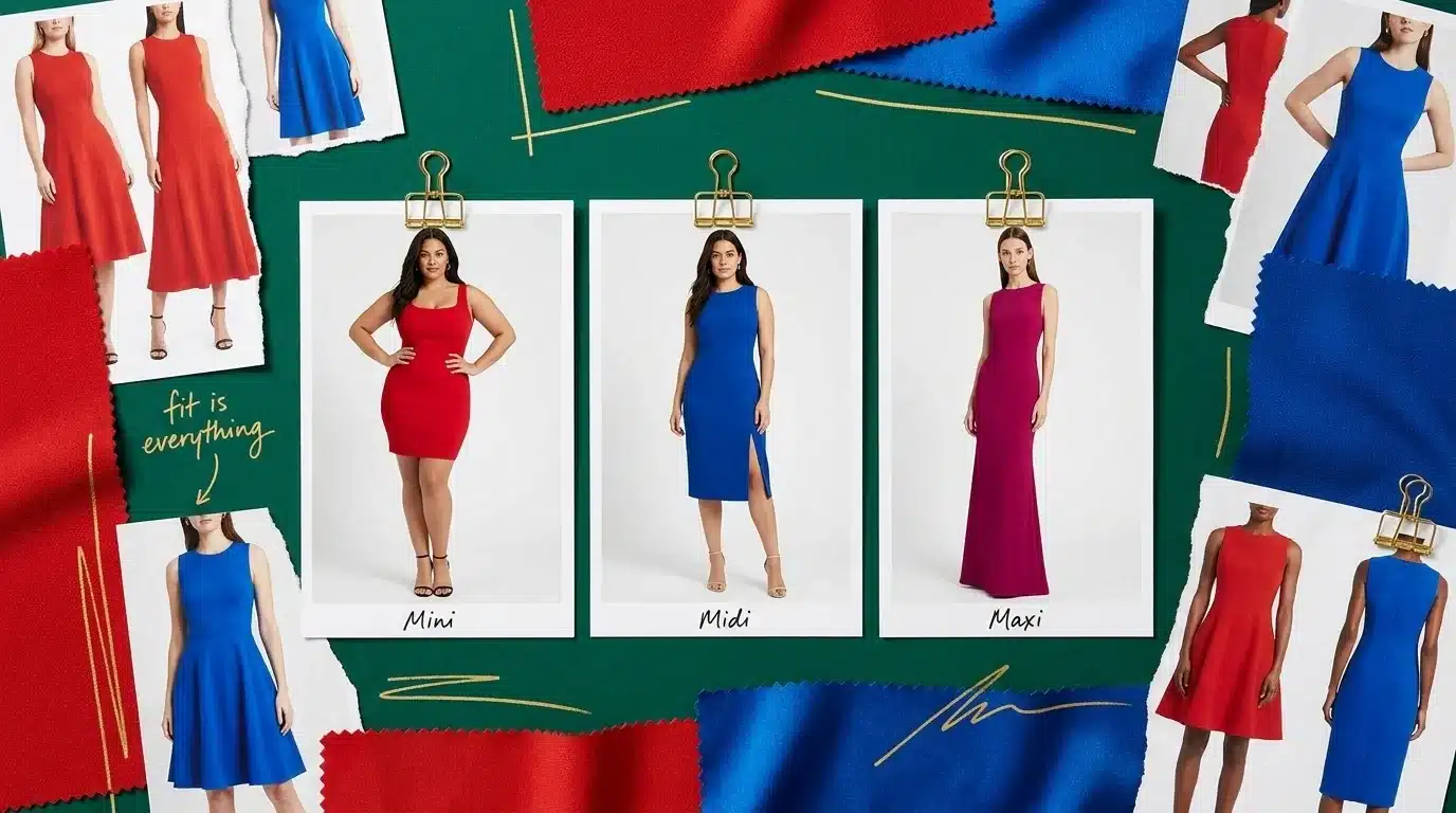 fashion moodboard comparing sheath dress lengths, a red mini, a cobalt blue midi with slit, and a magenta maxi gown