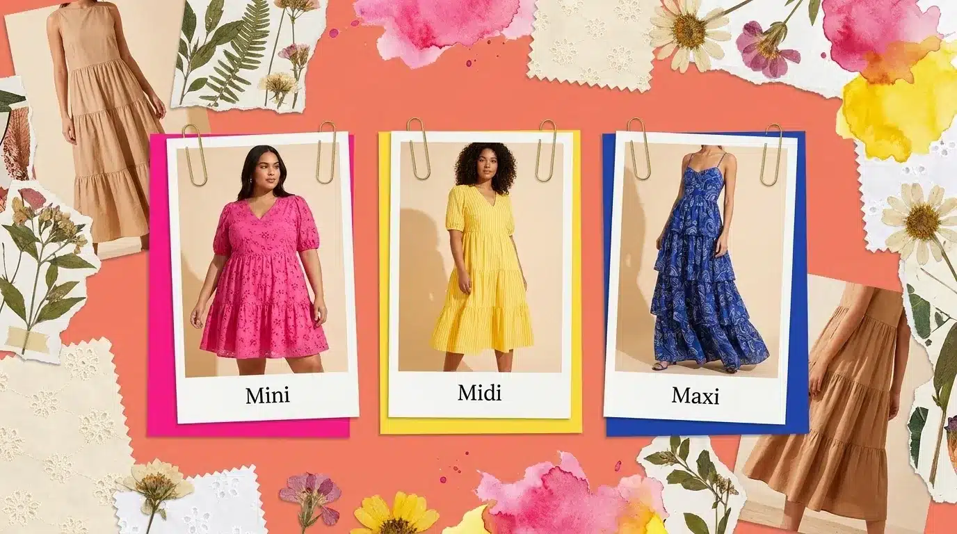 fashion moodboard comparing tiered dress lengths, a pink mini, a yellow midi, and a blue maxi, on a coral background