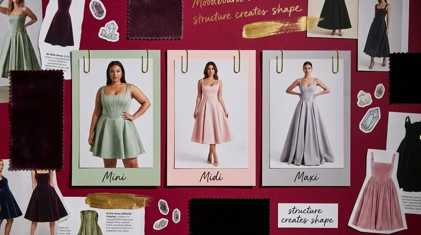 fashion moodboard showing three A-line corset dresses in mini, midi, and maxi lengths in sage, pink, and grey