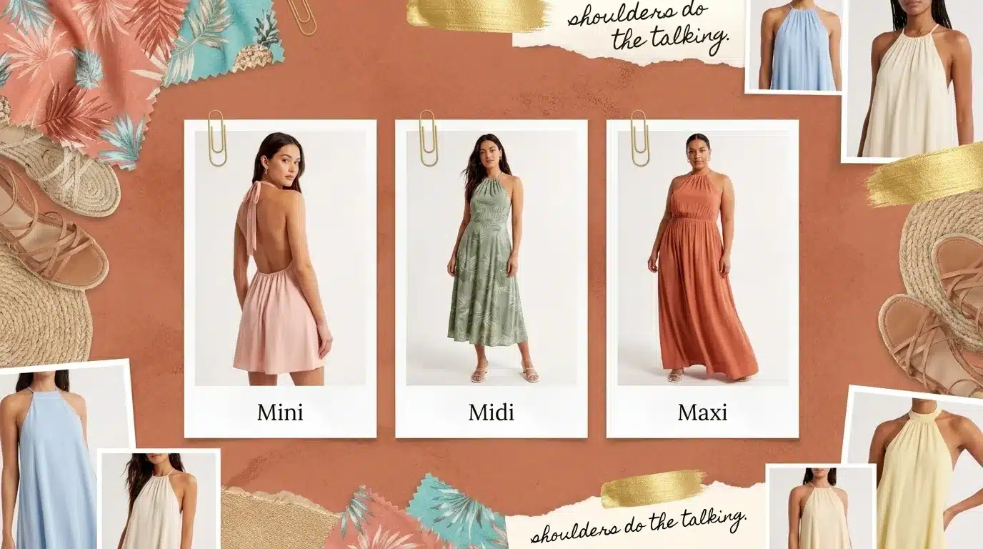 fashion moodboard showing three halter dresses in mini, midi, and maxi lengths in earthy tones and tropical prints