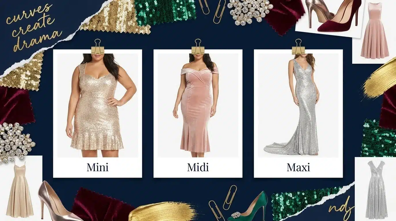 fashion moodboard showing three mermaid dresses in mini, midi, and maxi lengths in sequin and velvet fabrics