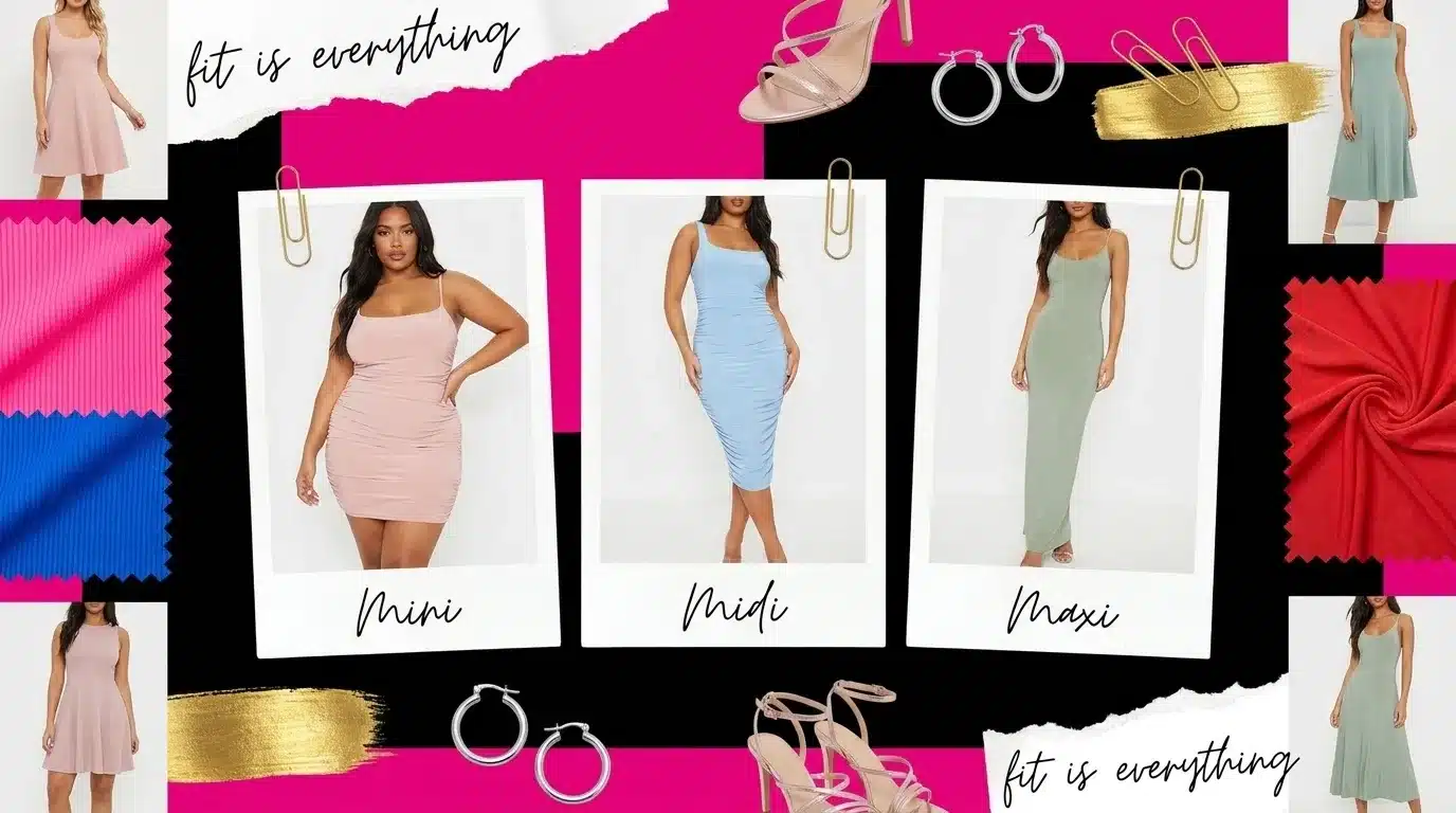 fashion moodboard showing three ruched bodycon dresses in mini, midi, and maxi lengths in pastel tones