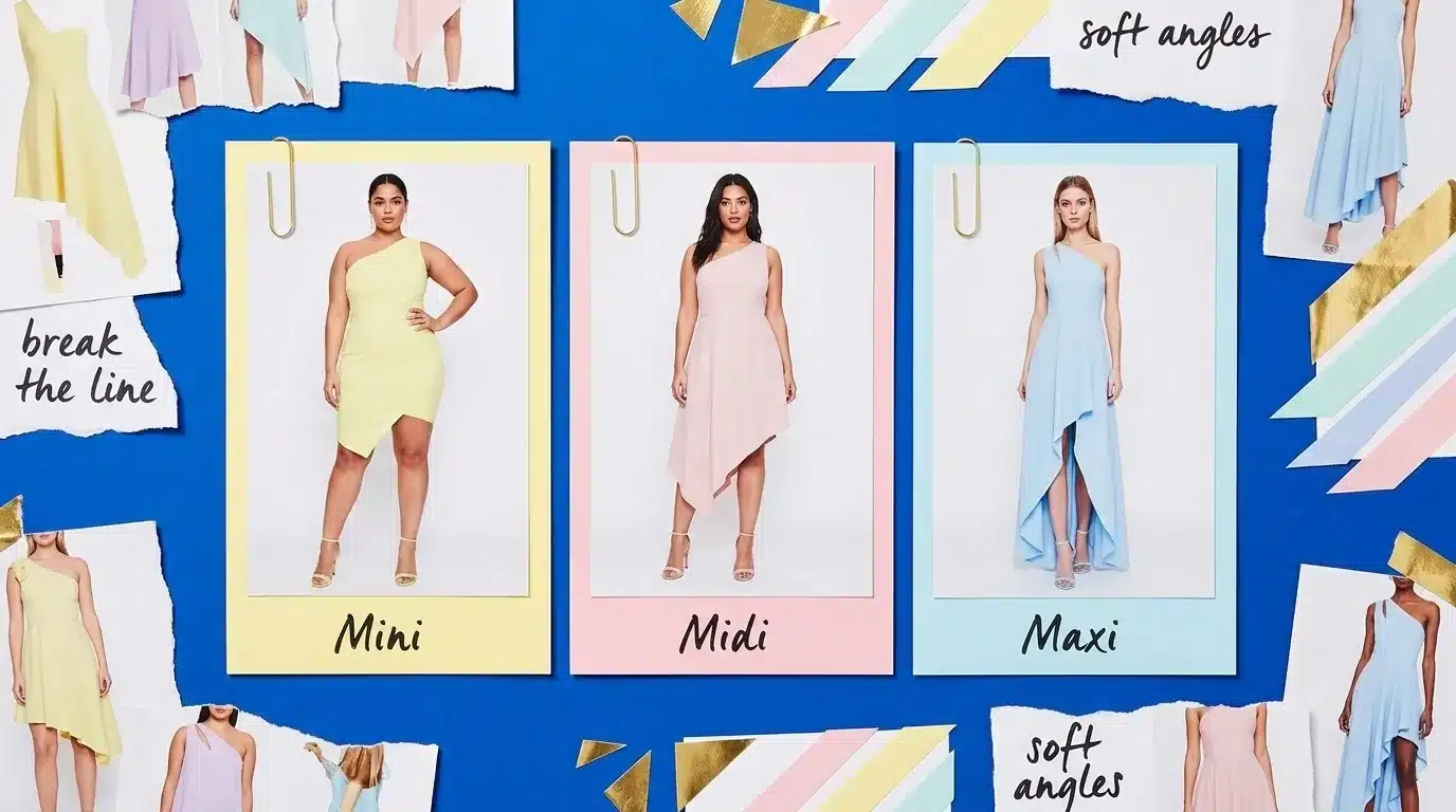 fashion moodboard with one-shoulder asymmetric dress lengths, a yellow mini, a blush pink midi, and a pale blue maxi