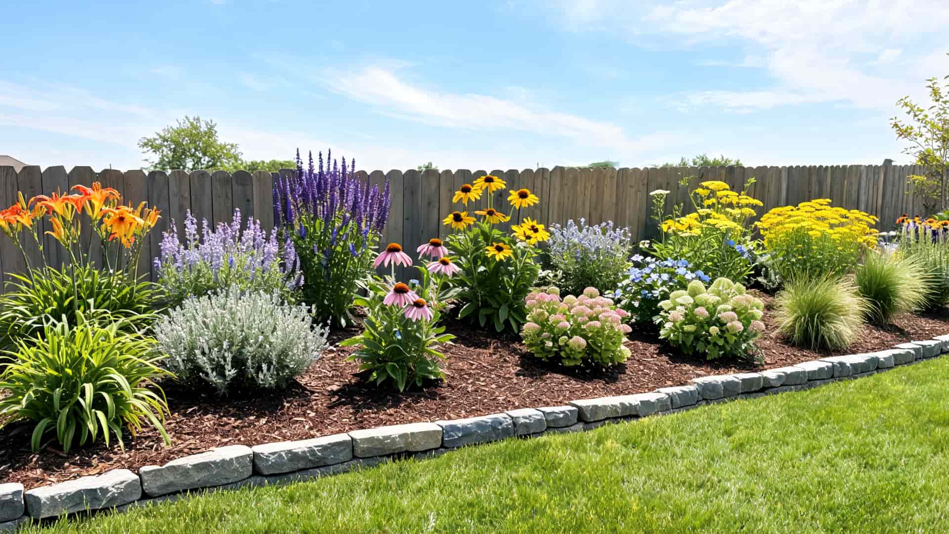 Flower bed with purple, yellow, and pink flowers beside a lawn and wooden fence