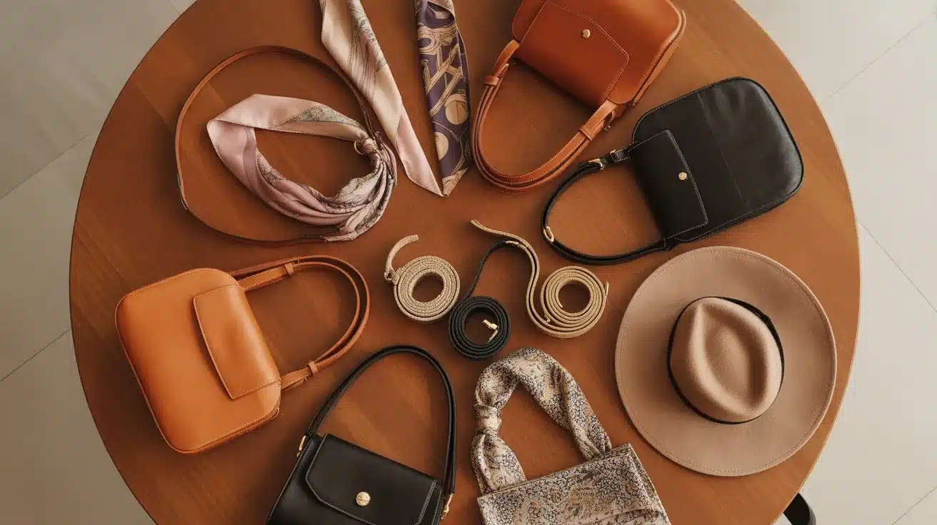 flat lay of fashion accessories including tan and black leather bags, silk scarves, woven belts, and a camel fedora hat