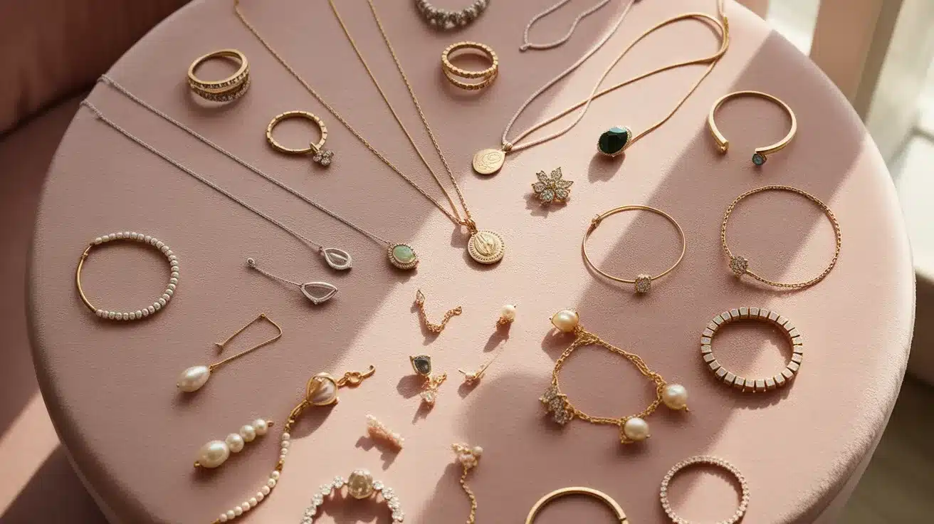 flat lay of gold and silver jewellery including necklaces, rings, bracelets, and earrings with pearls and gemstones