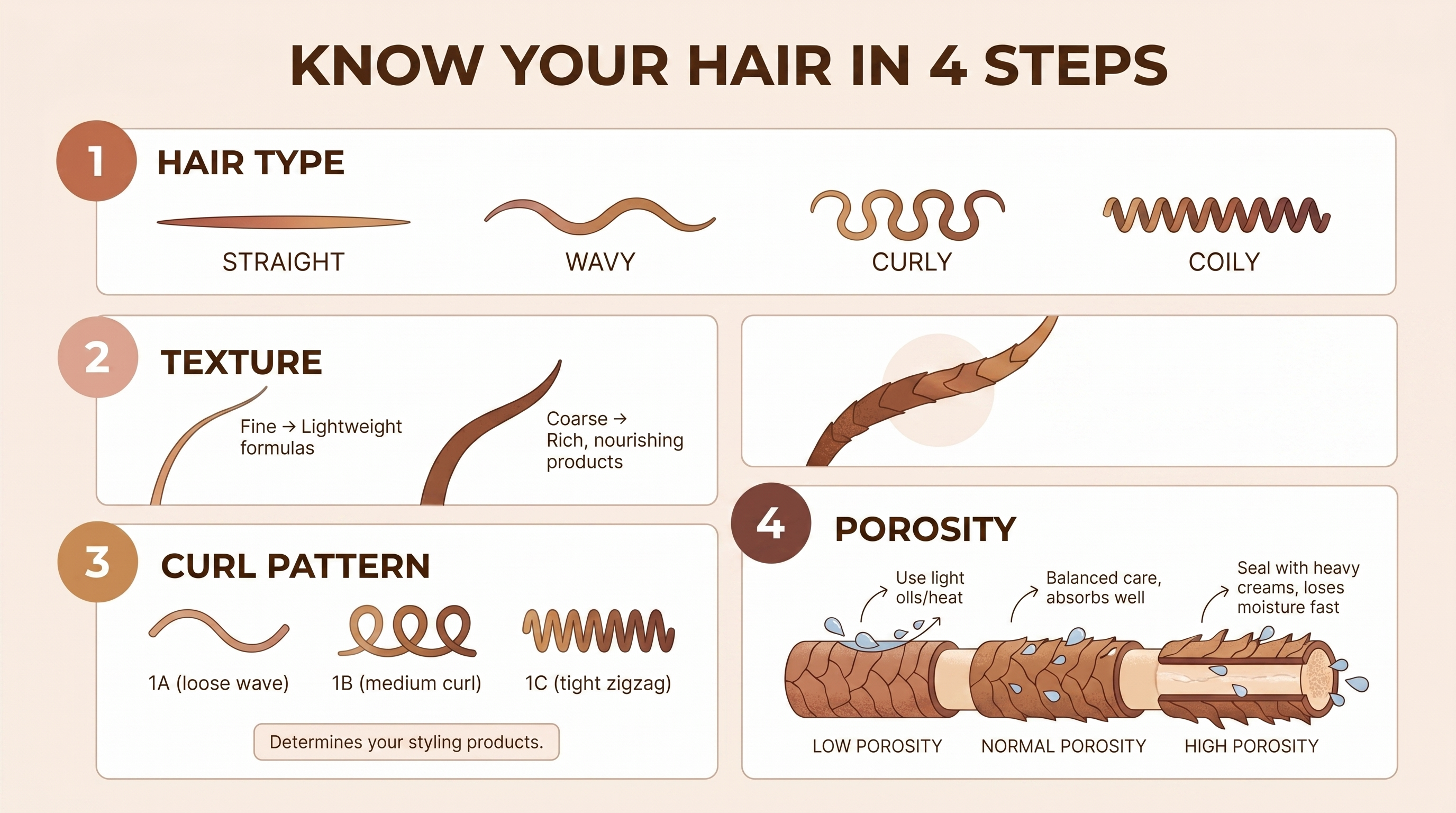Four-step hair type identification infographic showing hair type categories straight to coily, fine vs coarse texture, curl pattern A B C, and porosity levels with care tips