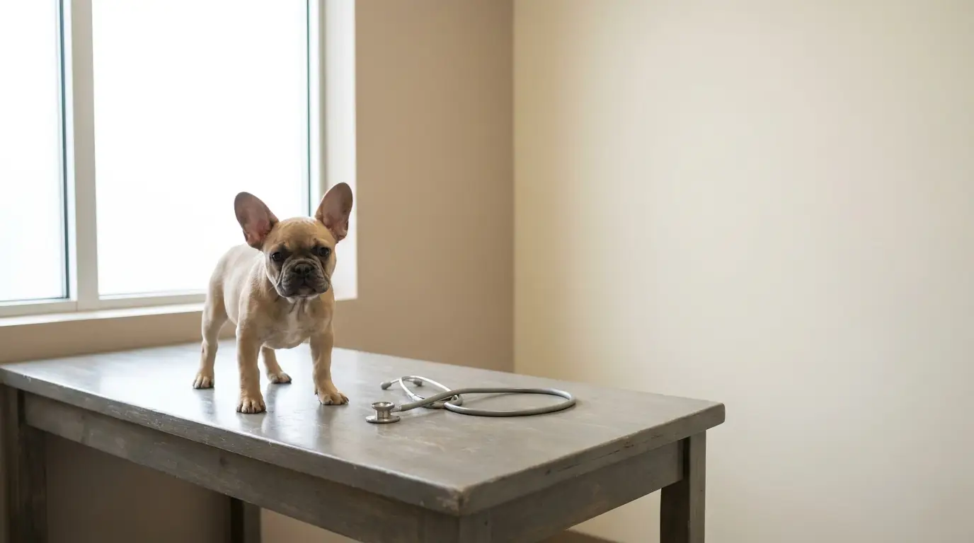French Bulldog standing on examination table with stethoscope in vet clinic