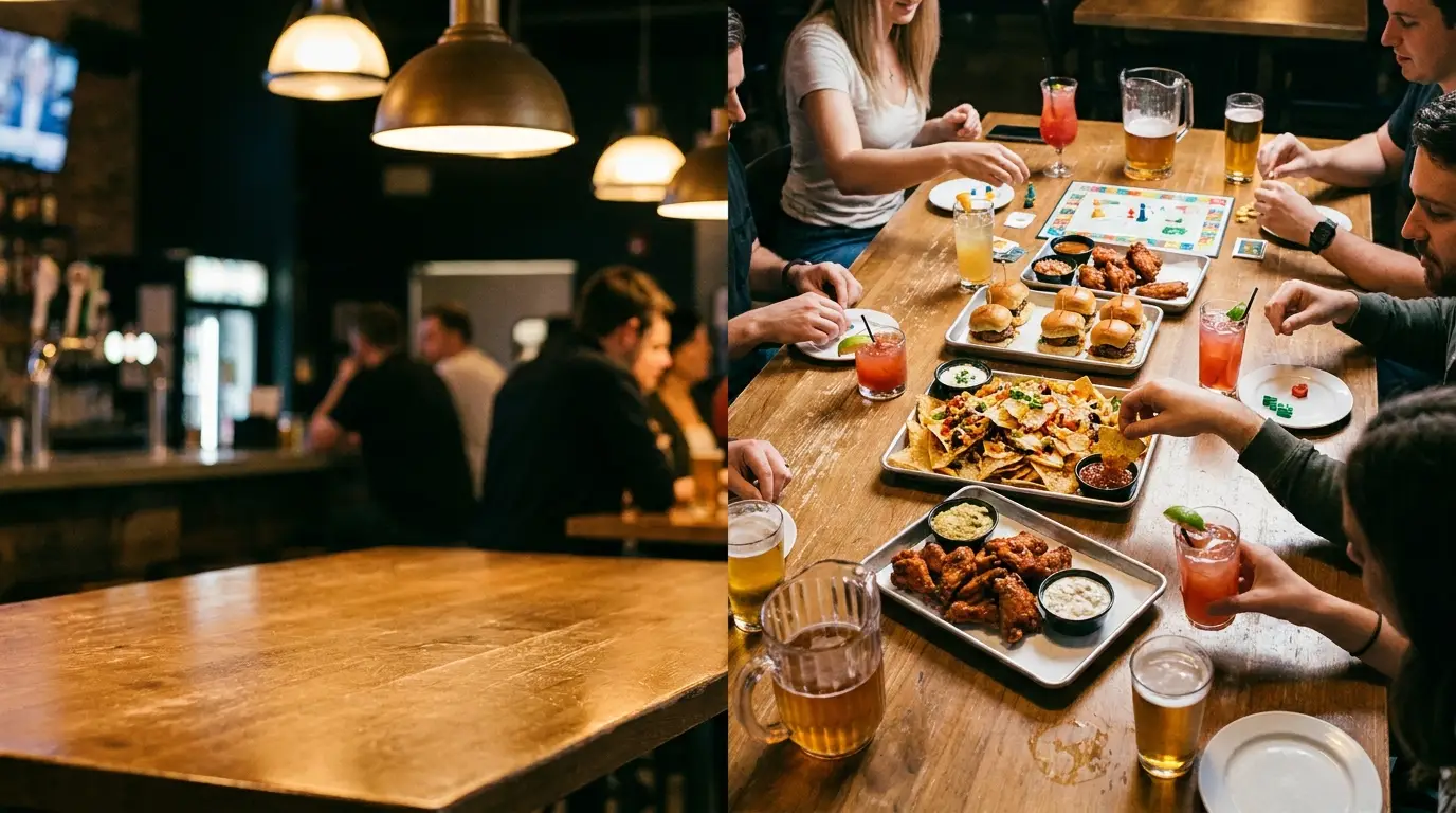 Bar setting with group enjoying nachos, sliders, and drinks on wooden table under warm lighting