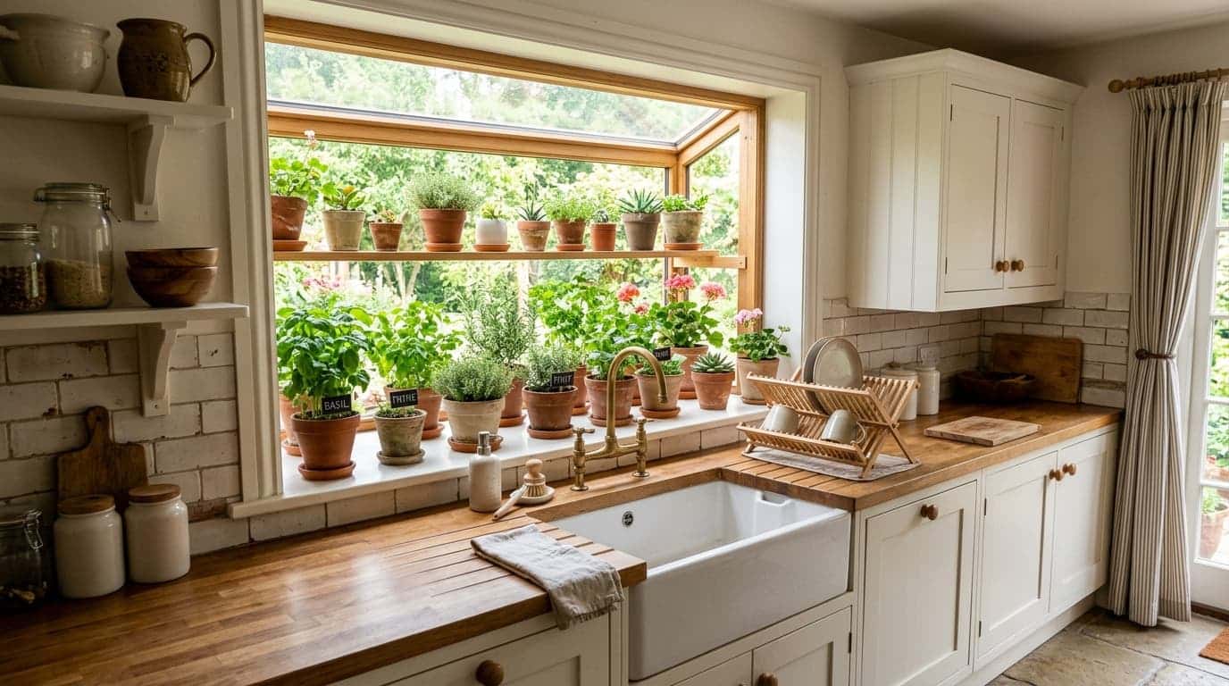 garden window above a kitchen sink filled with plants and herbs, brightened by natural light