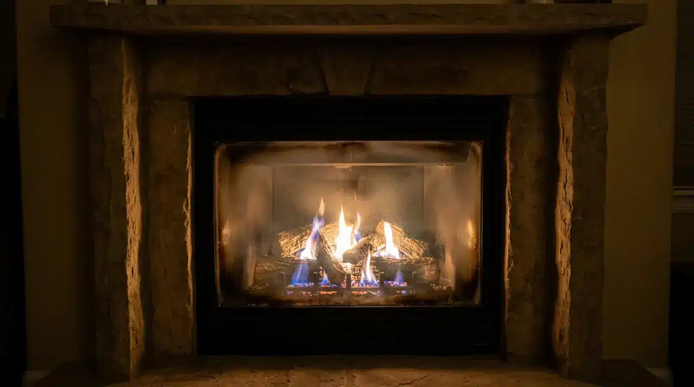 Lit stone fireplace with glowing embers in a dimly lit room setting