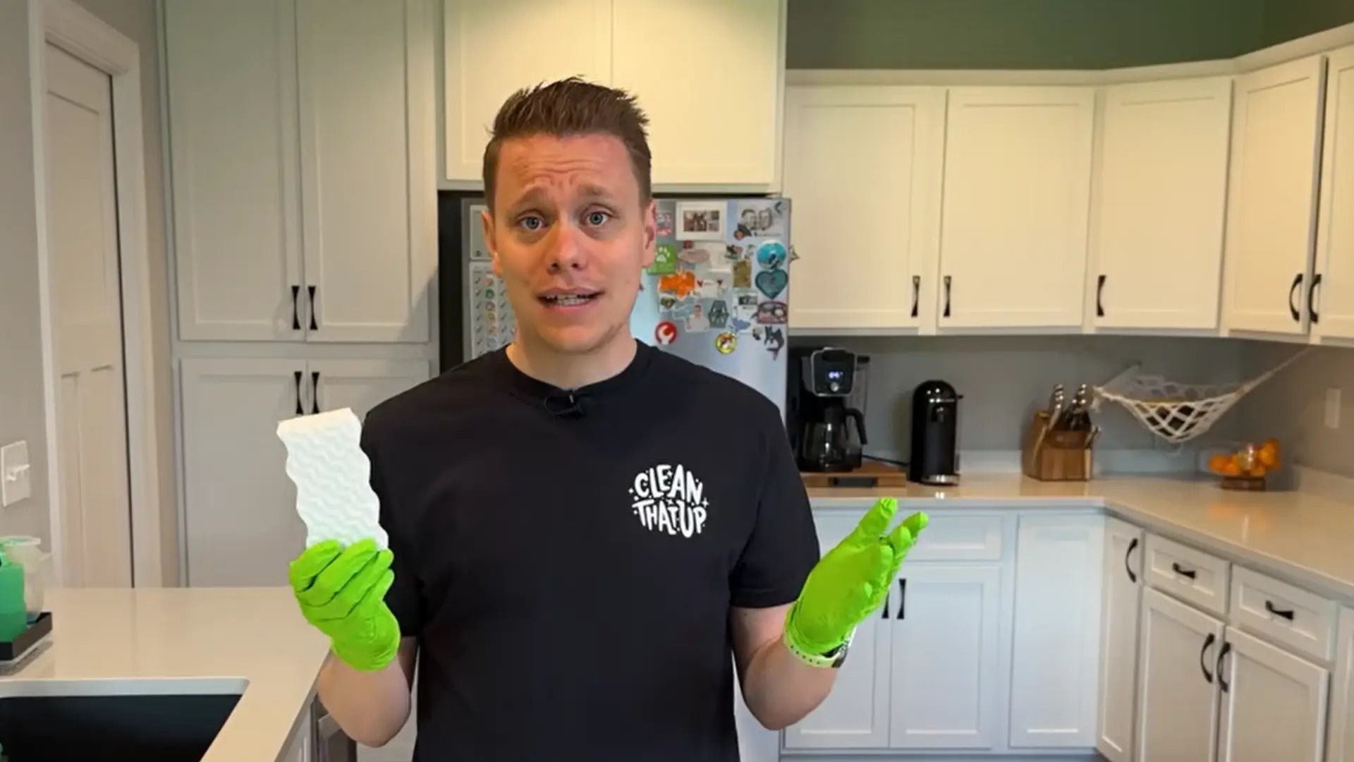 gently cleaning quartz surface with magic eraser to remove stubborn stains carefully